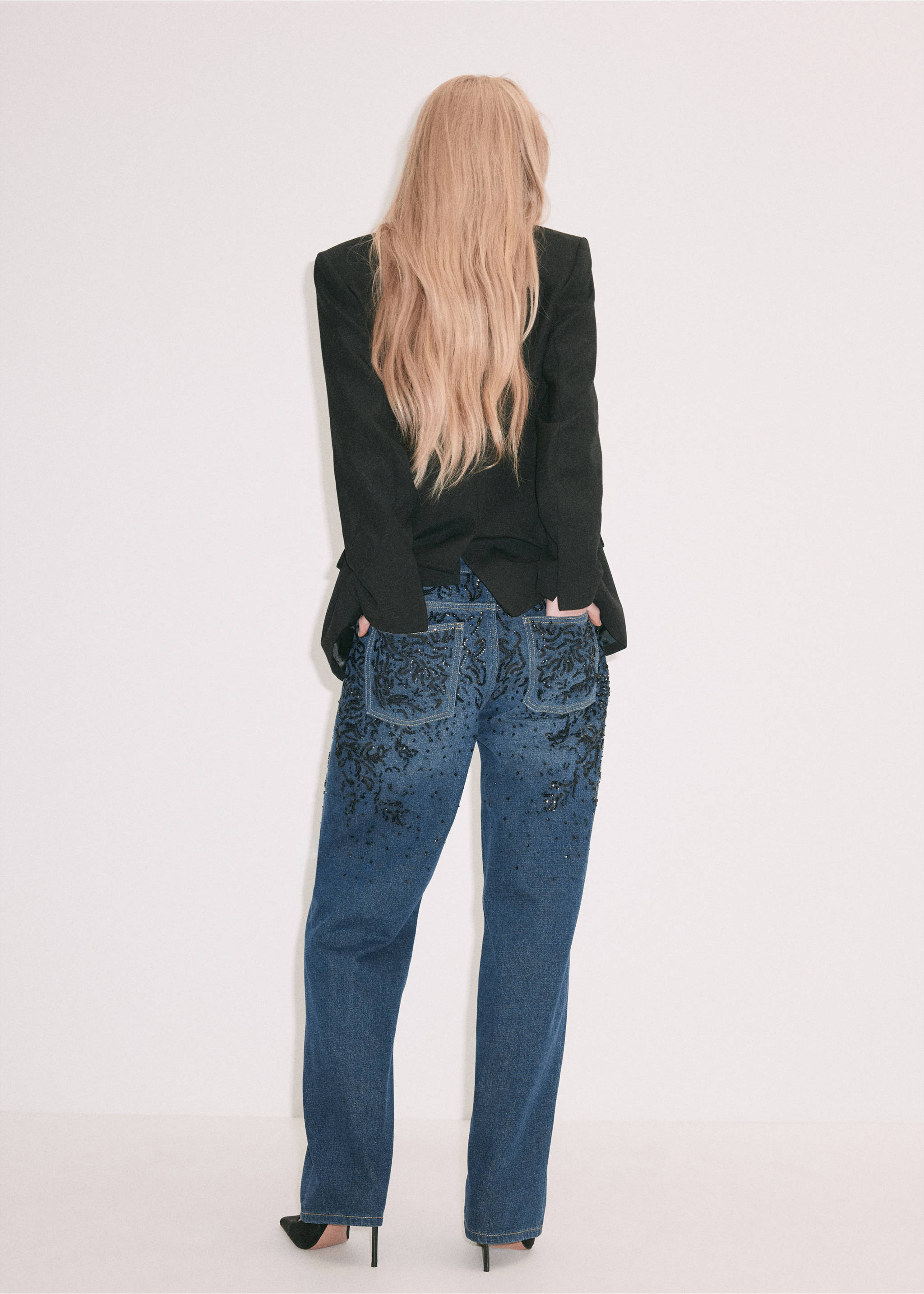 Blue straight-leg denim trousers with black embroidery, back view., Dark Blue. Ref: 37069137-00.