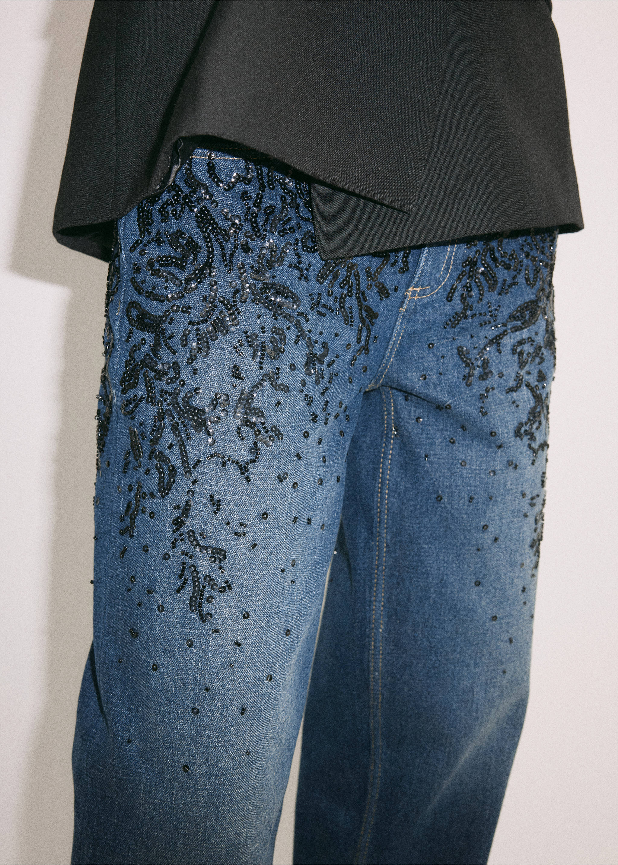 Blue denim trousers with dark sequin embroidery., Dark Blue. Ref: 37069137-00.