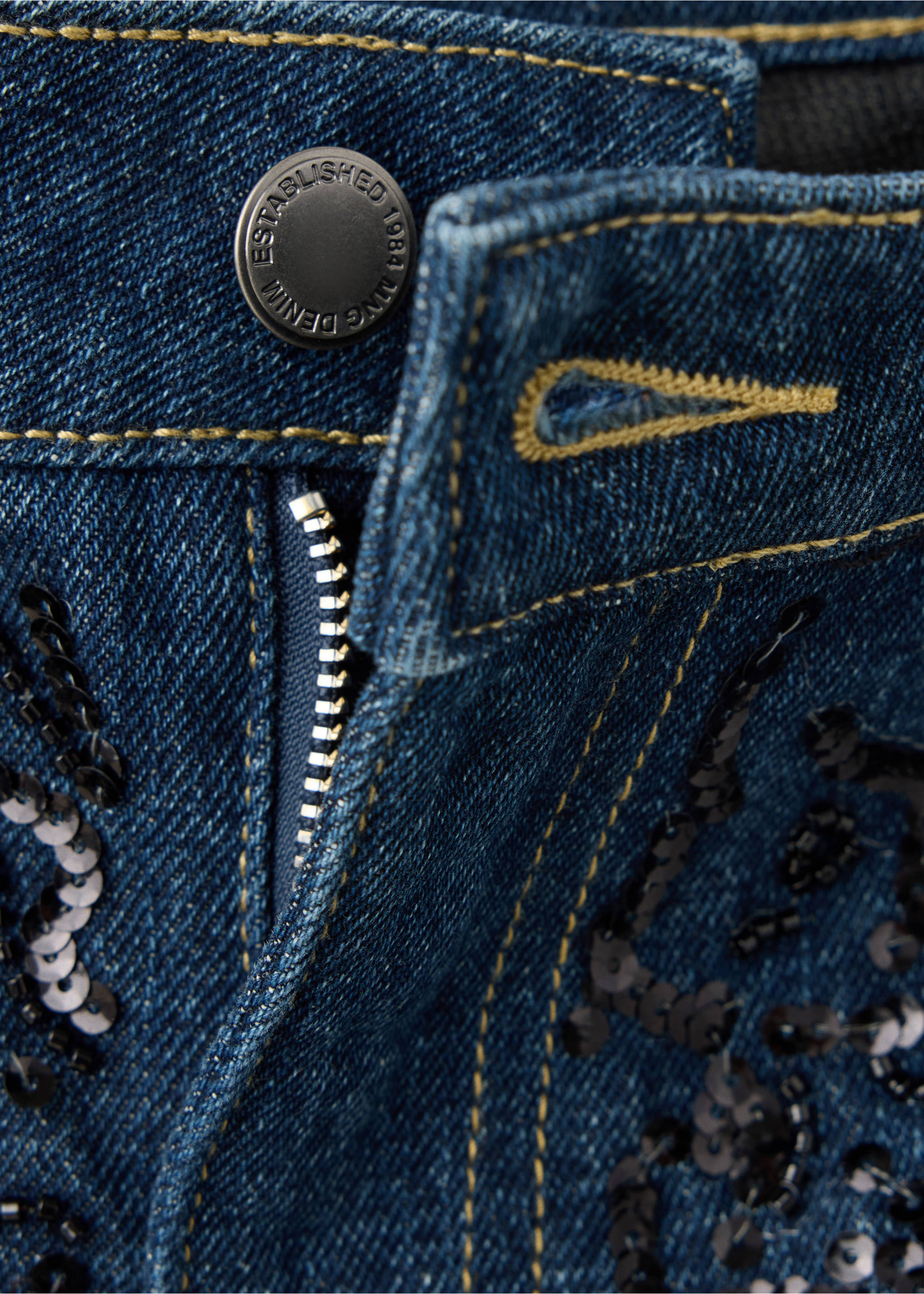 Close-up of sequin-embellished dark blue denim trousers., Dark Blue. Ref: 37069137-00.
