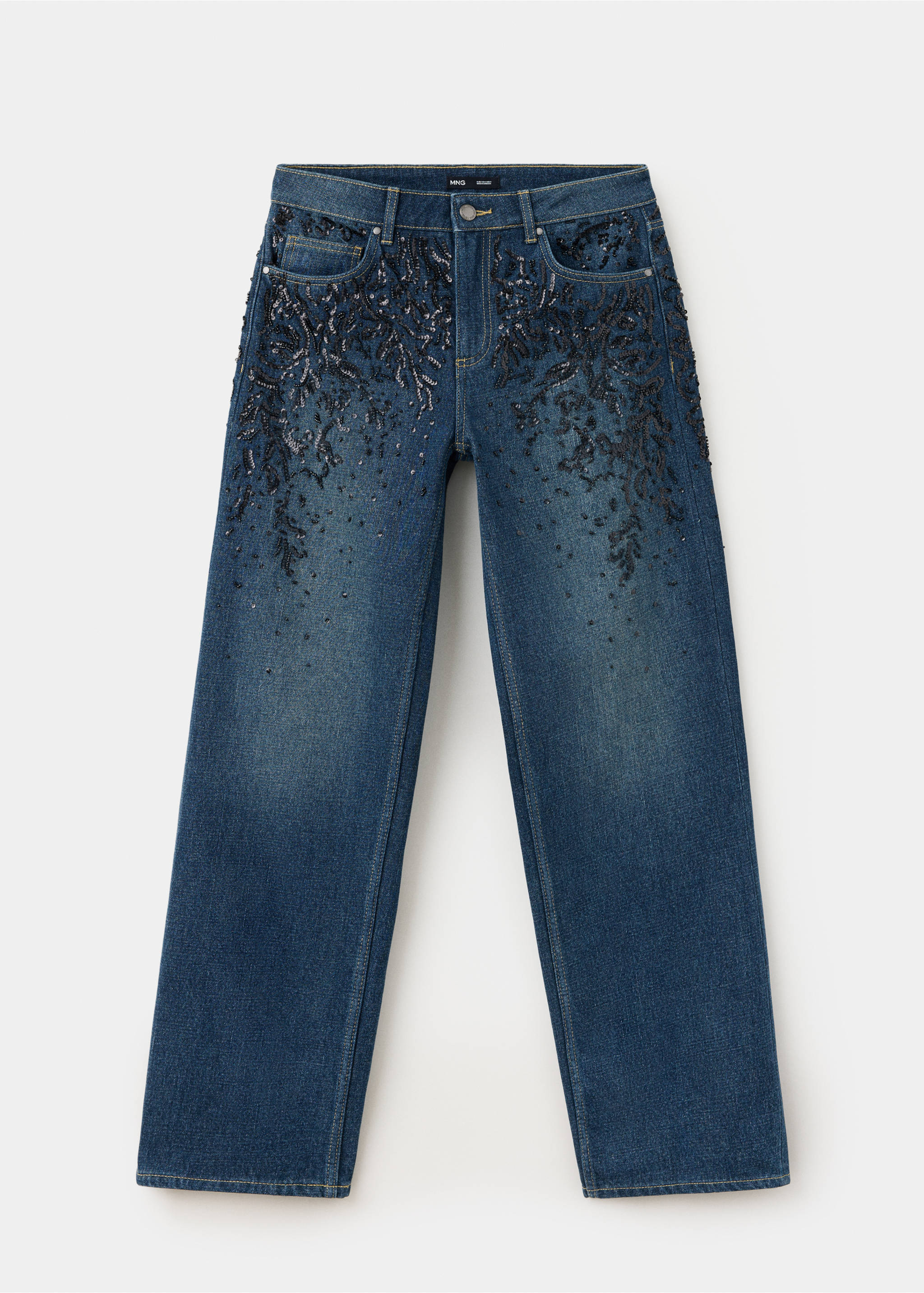 Blue straight-leg denim trousers with black beadwork., Dark Blue. Ref: 37069137-00.