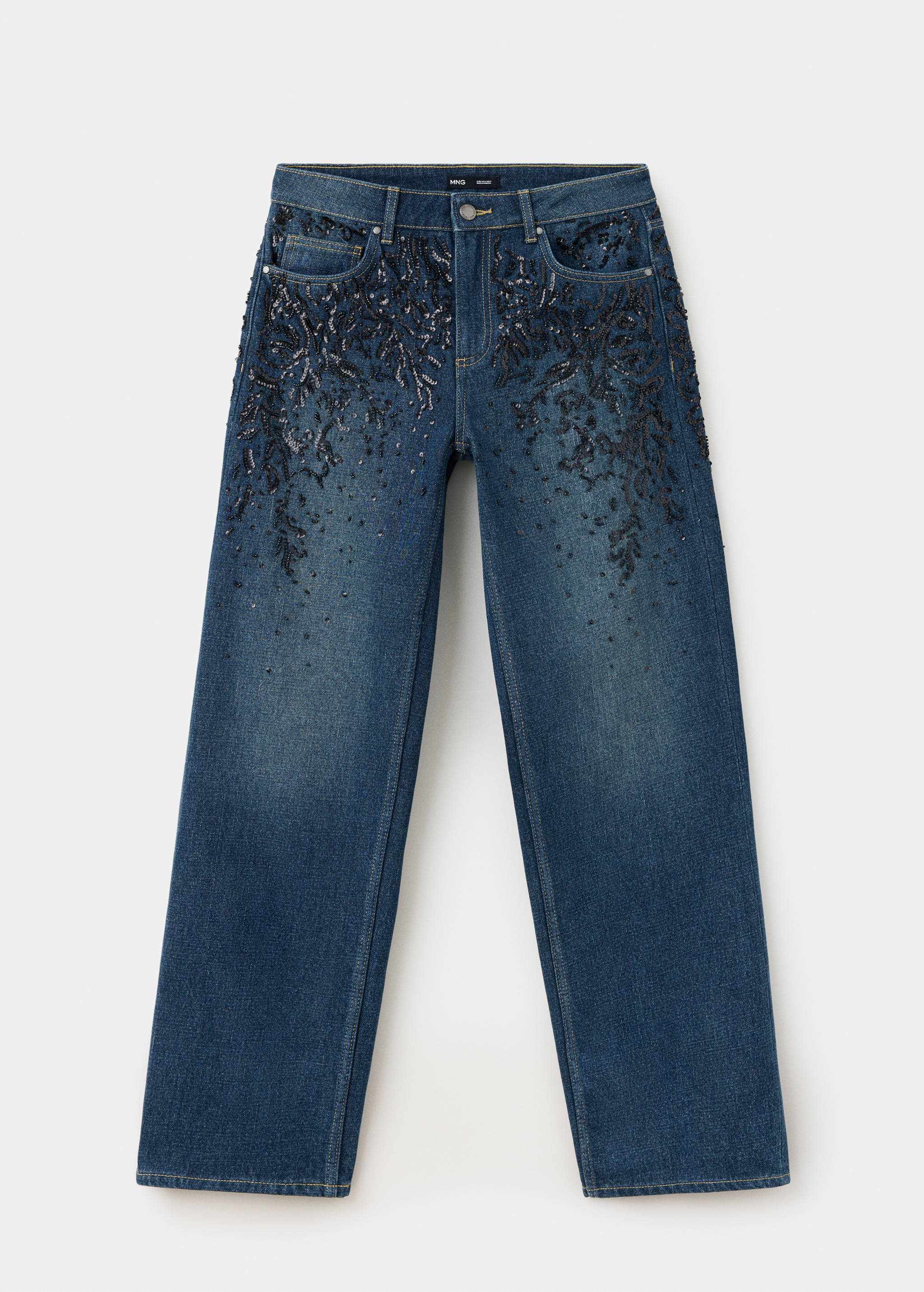 Blue straight-leg denim trousers with black beadwork.