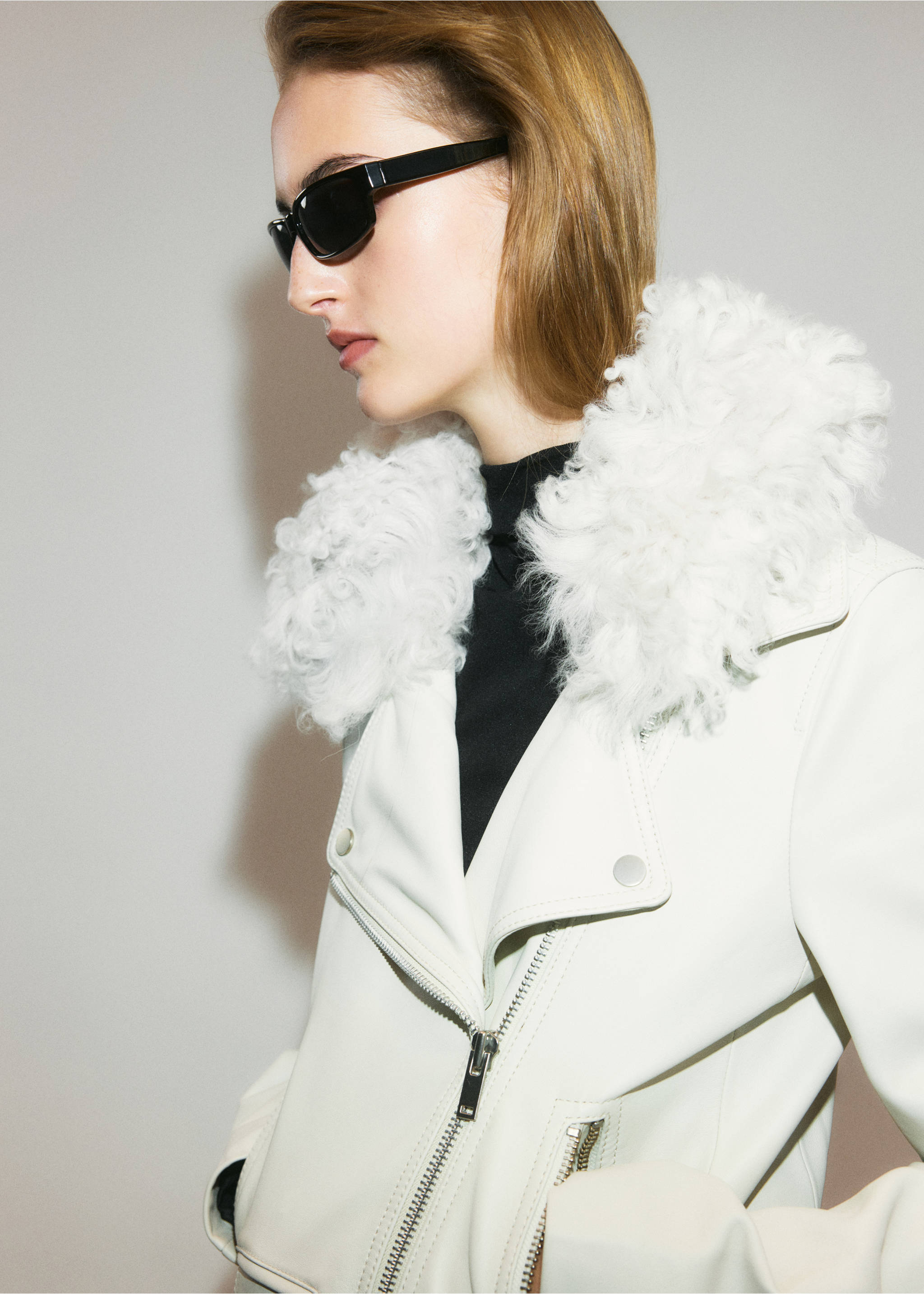 White faux-leather jacket with a curly faux-fur collar., White. Ref: 37069141-00.