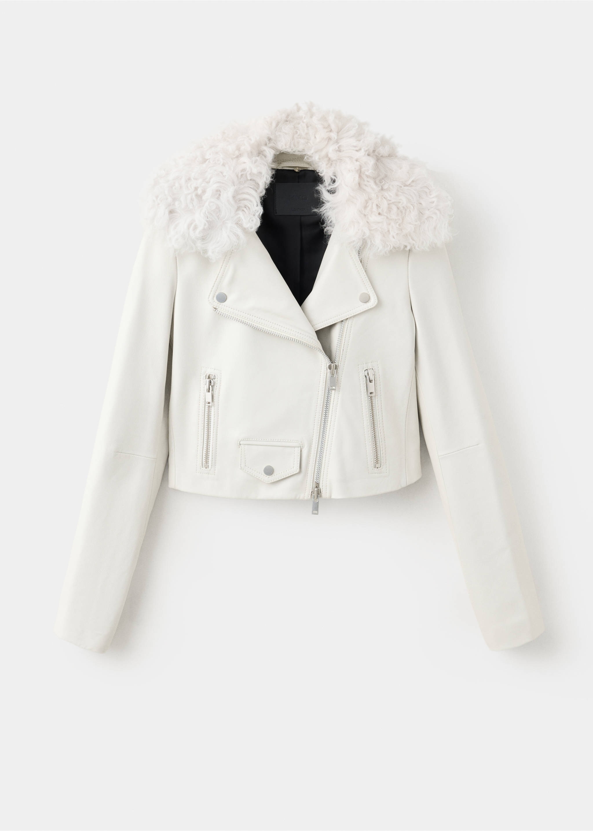 White cropped biker jacket with a plush faux-shearling collar., White. Ref: 37069141-00.