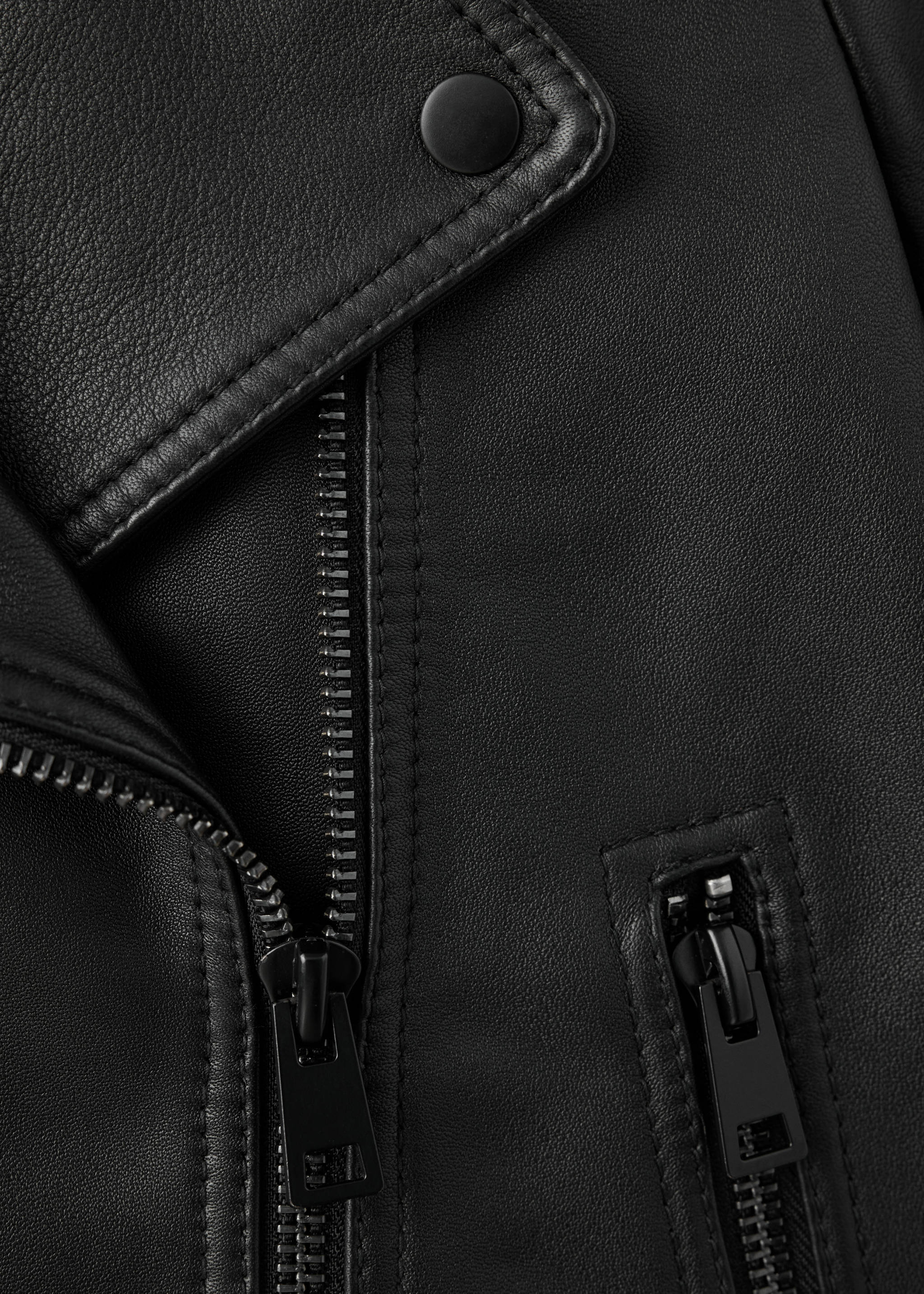 Close-up of a black jacket showing fabric texture, lapel, and zippers.