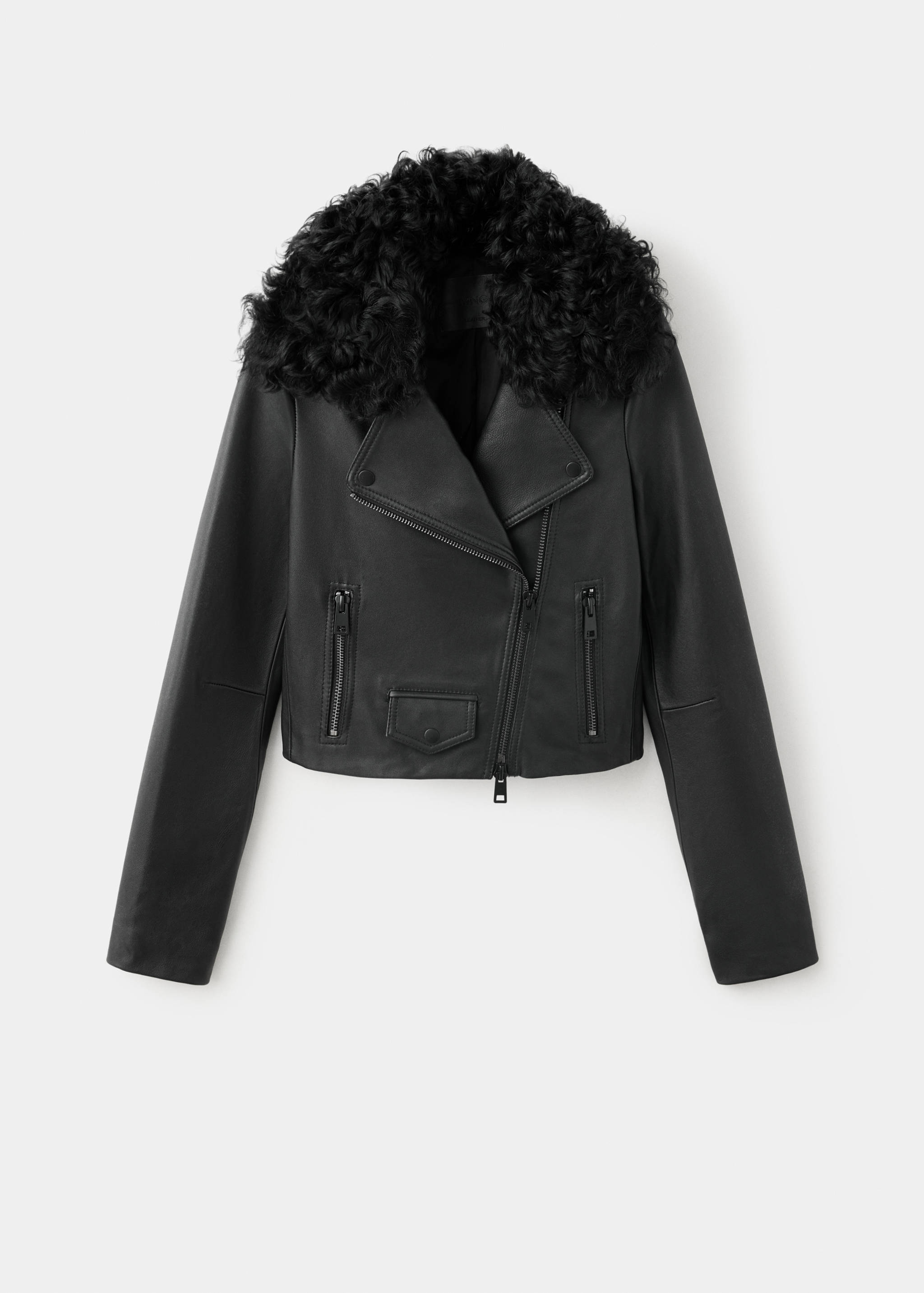 Black leather biker jacket with a textured faux-fur collar.