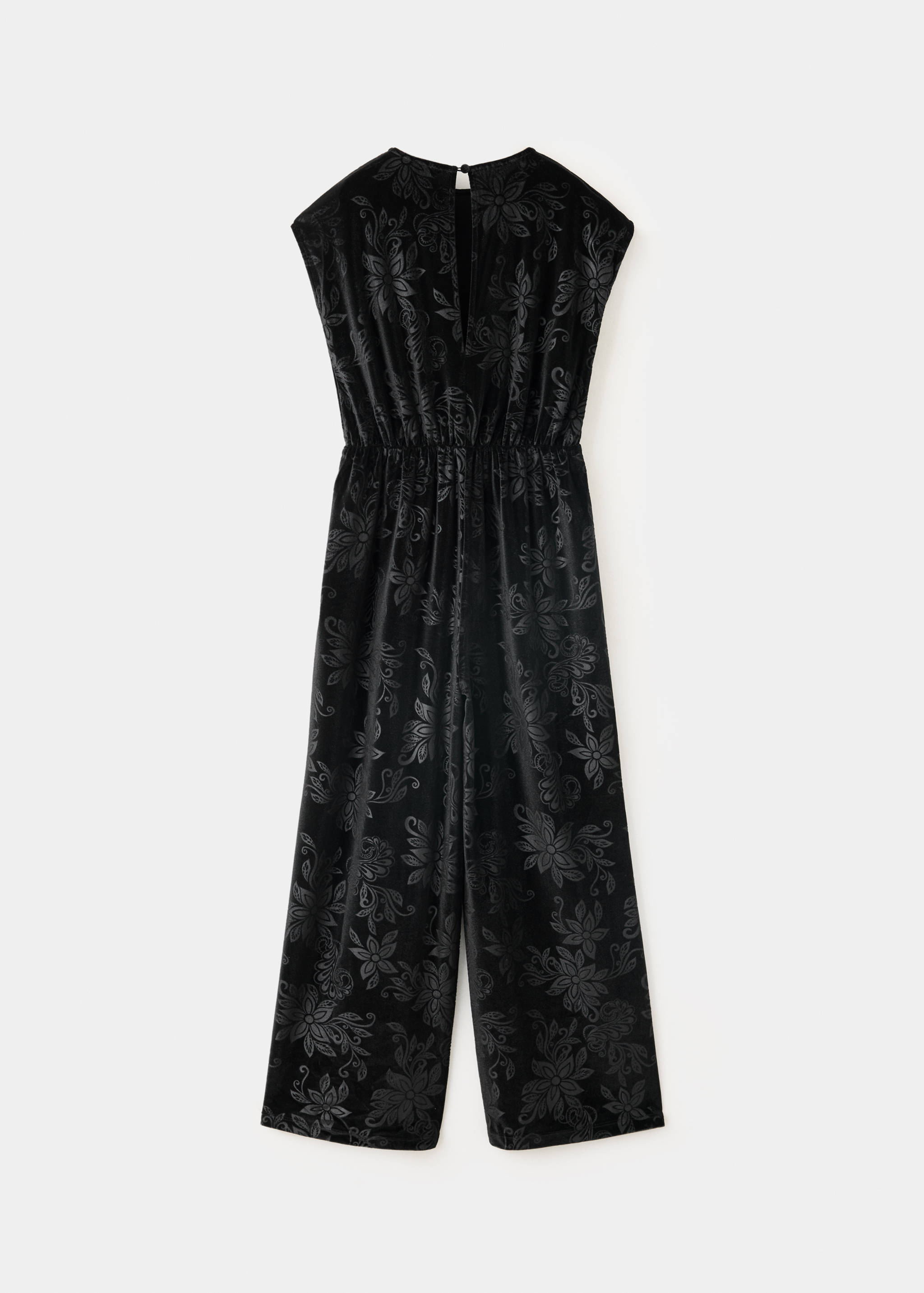 Black floral sleeveless jumpsuit, back view.
