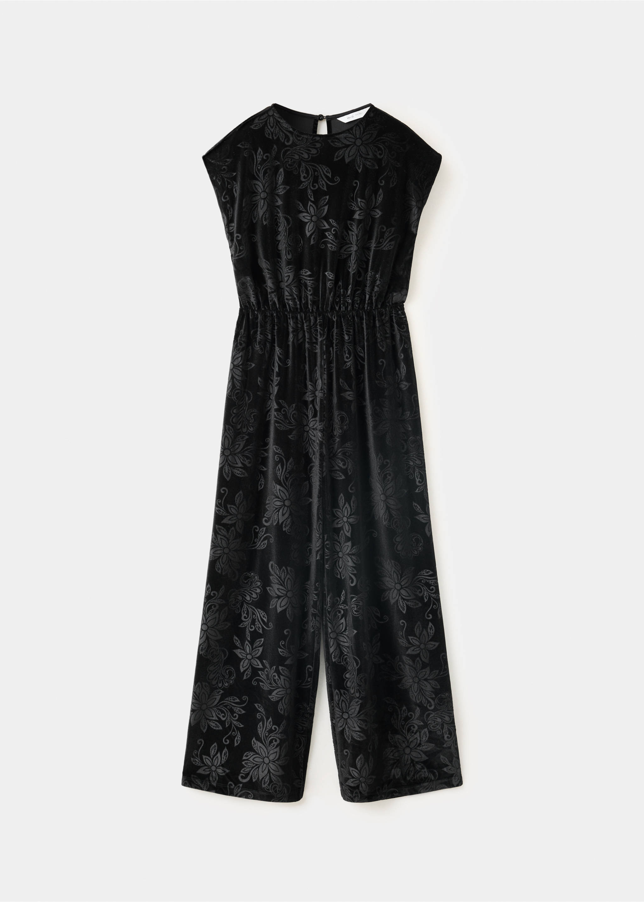 Black velvet floral jumpsuit with a round neck and wide legs., Black. Ref: 37069208-00.