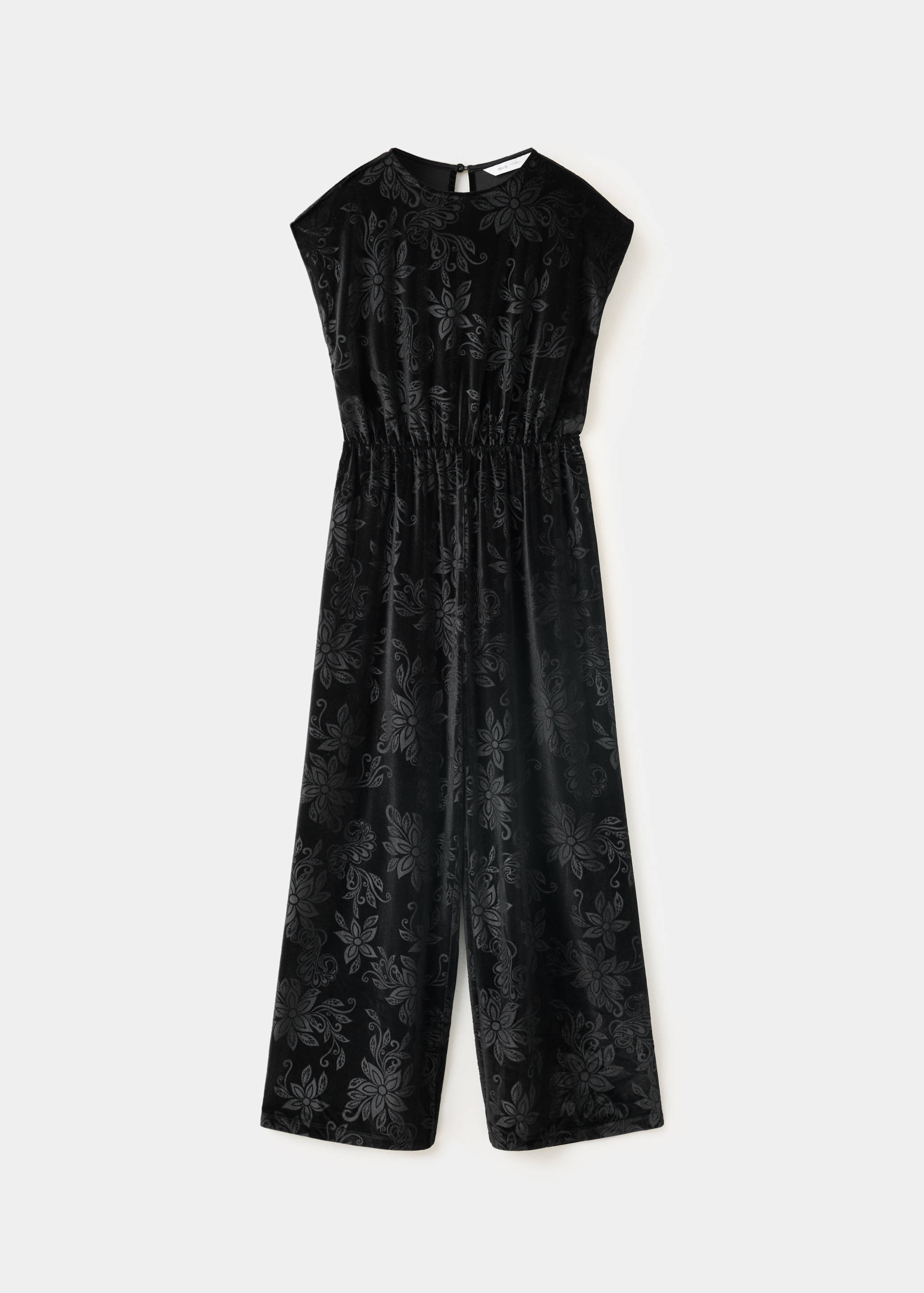 Black velvet floral jumpsuit with a round neck and wide legs.
