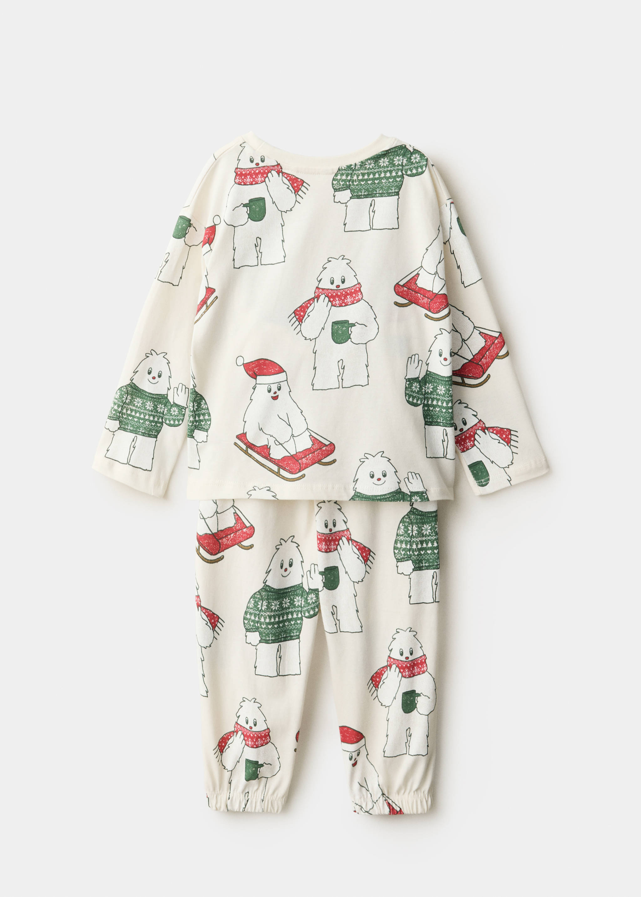 Yeti-print children's pyjamas from the back, featuring a long-sleeve top and trousers.