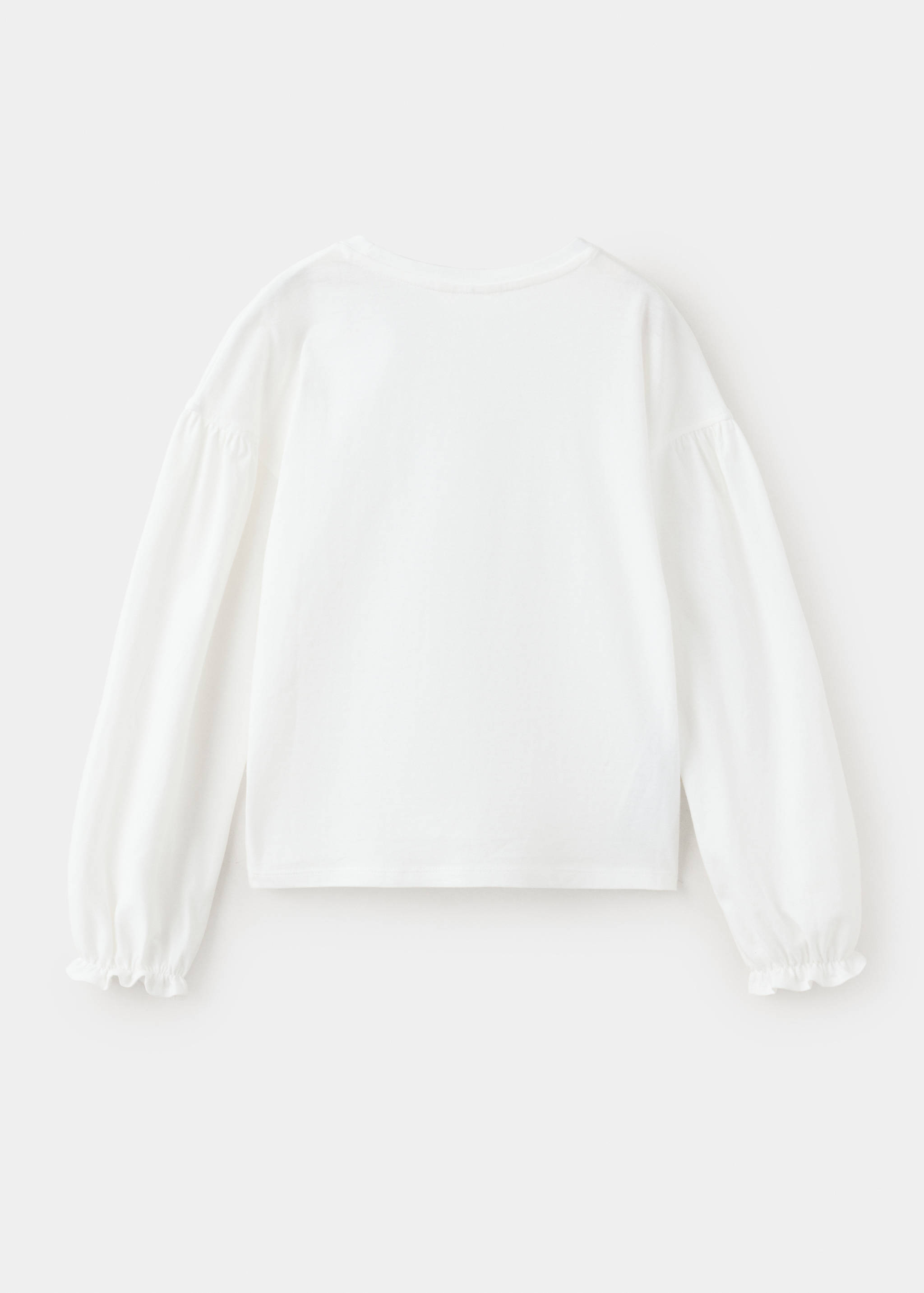White kids' t-shirt with long sleeves and ruffled cuffs, back view.