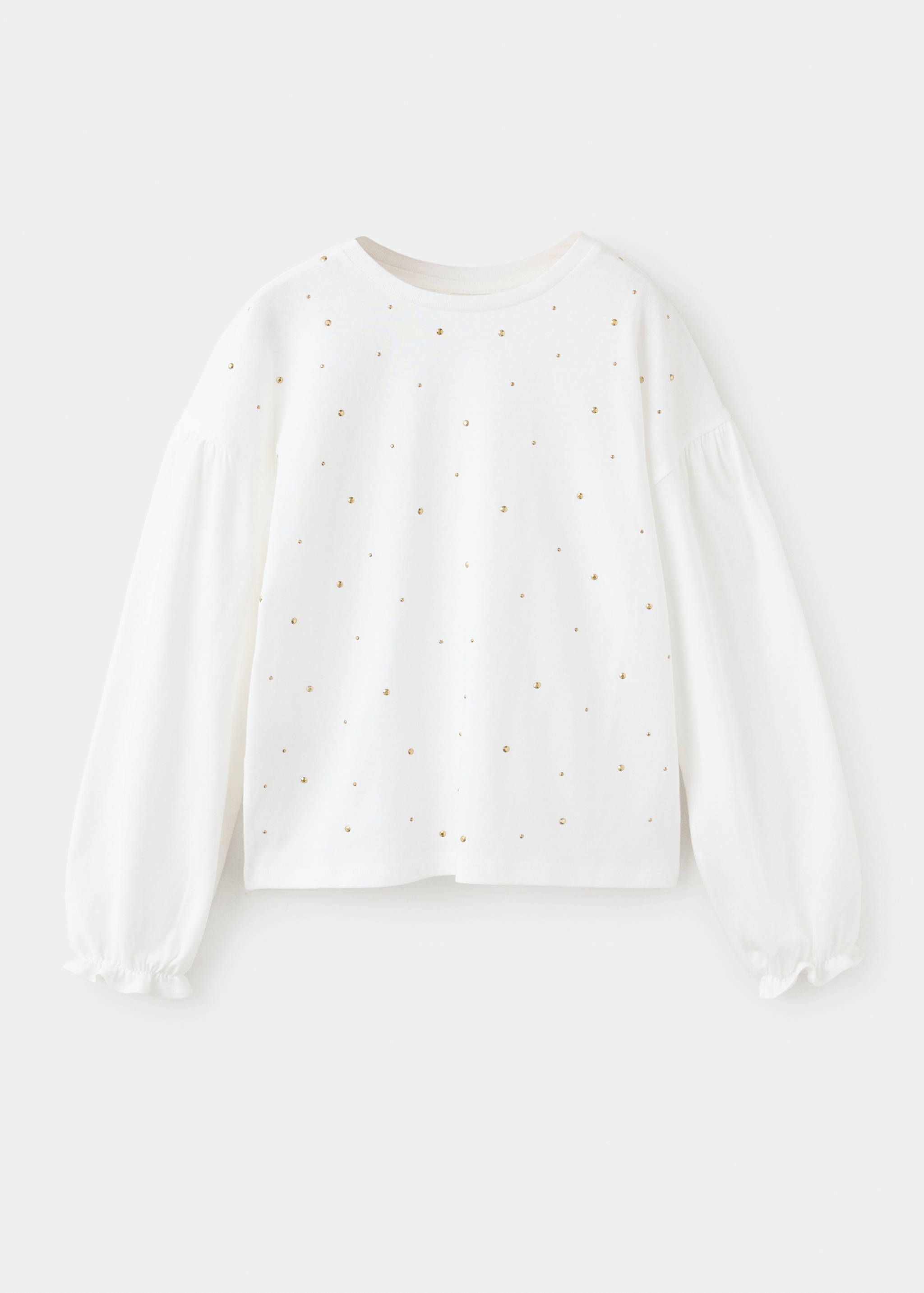 White kids' t-shirt with long balloon sleeves and gold studs.