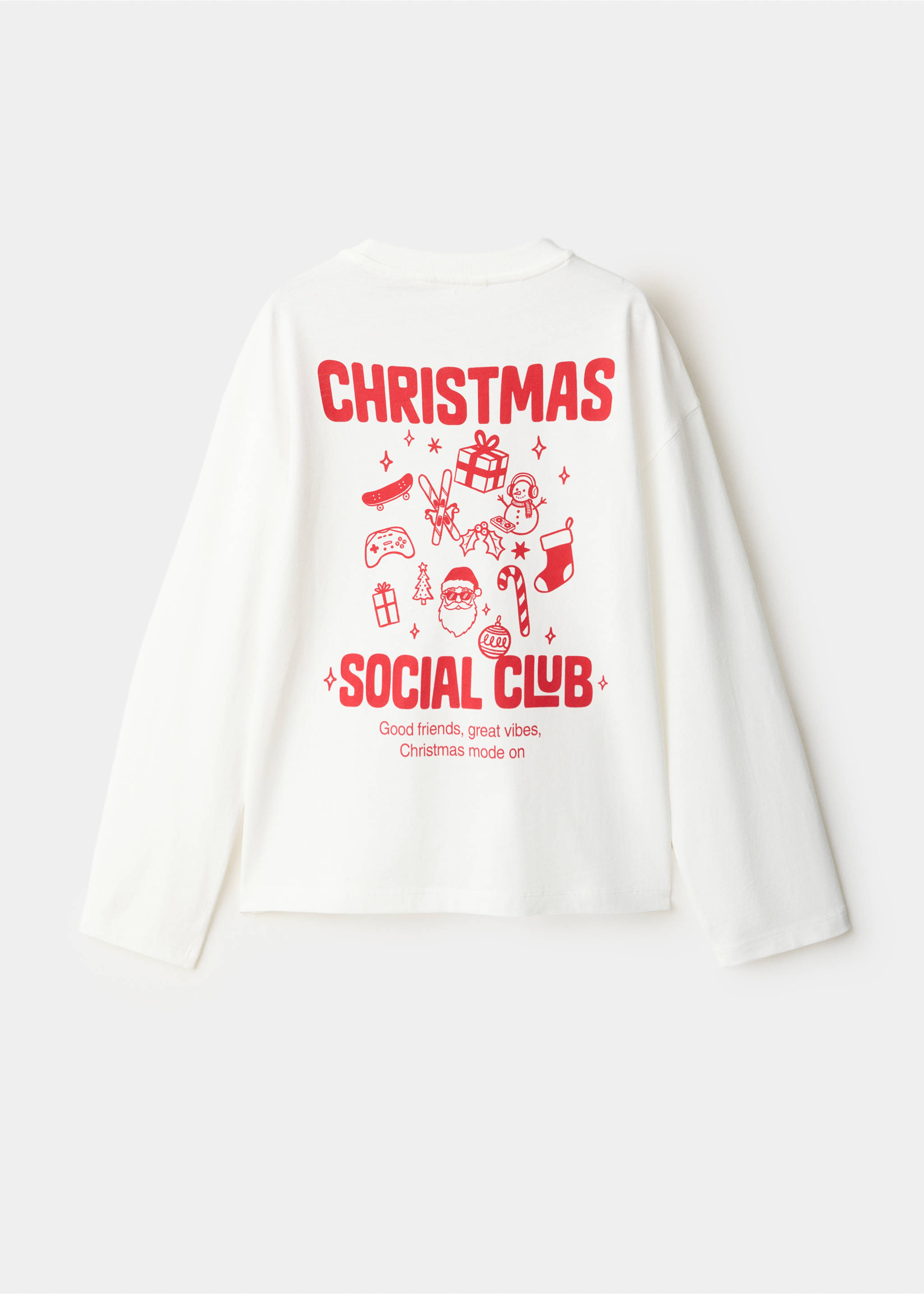 White long-sleeve Christmas t-shirt with a red back graphic print., Off White. Ref: 37069213-00.