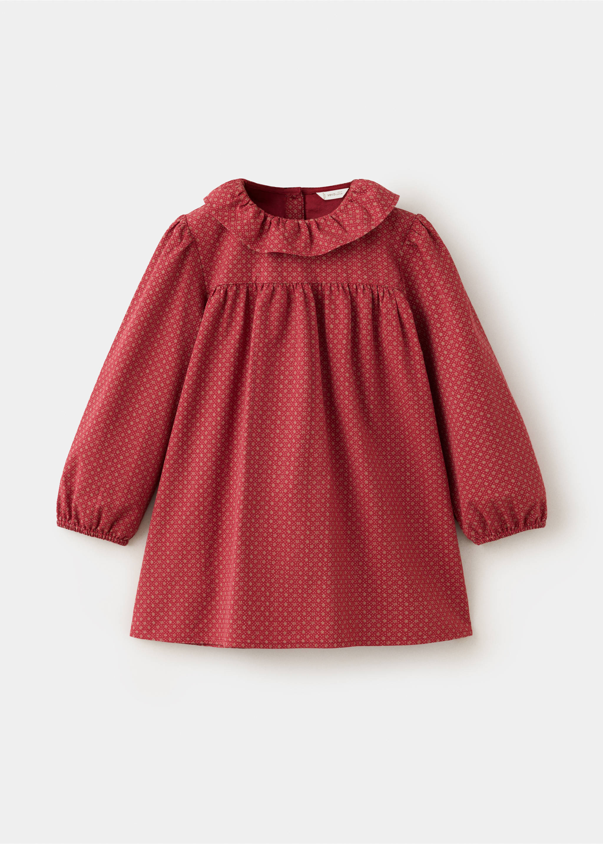 Red patterned kids' dress with long sleeves and a ruffled collar., Red. Ref: 37069218-00.
