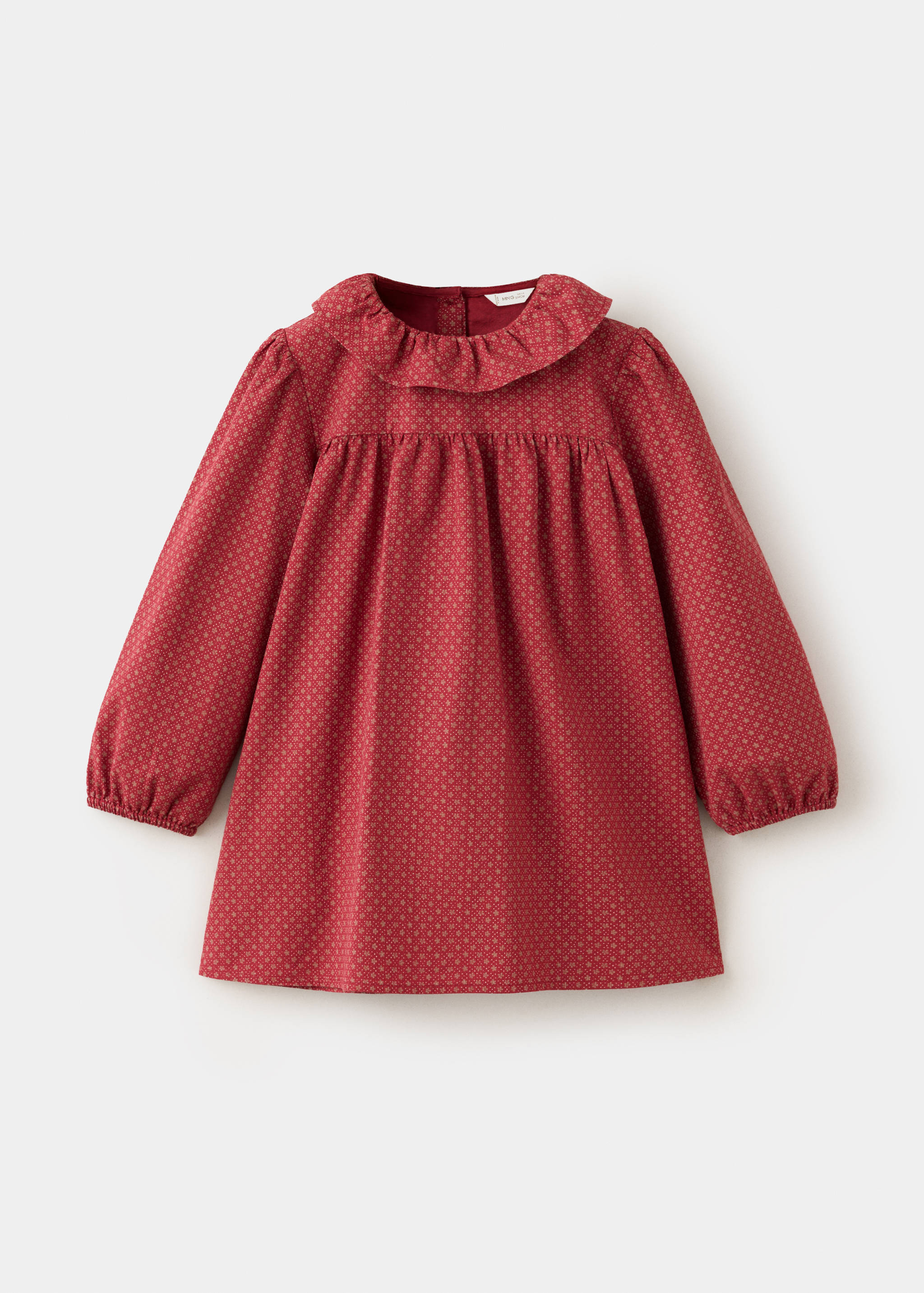 Red patterned kids' dress with long sleeves and a ruffled collar.