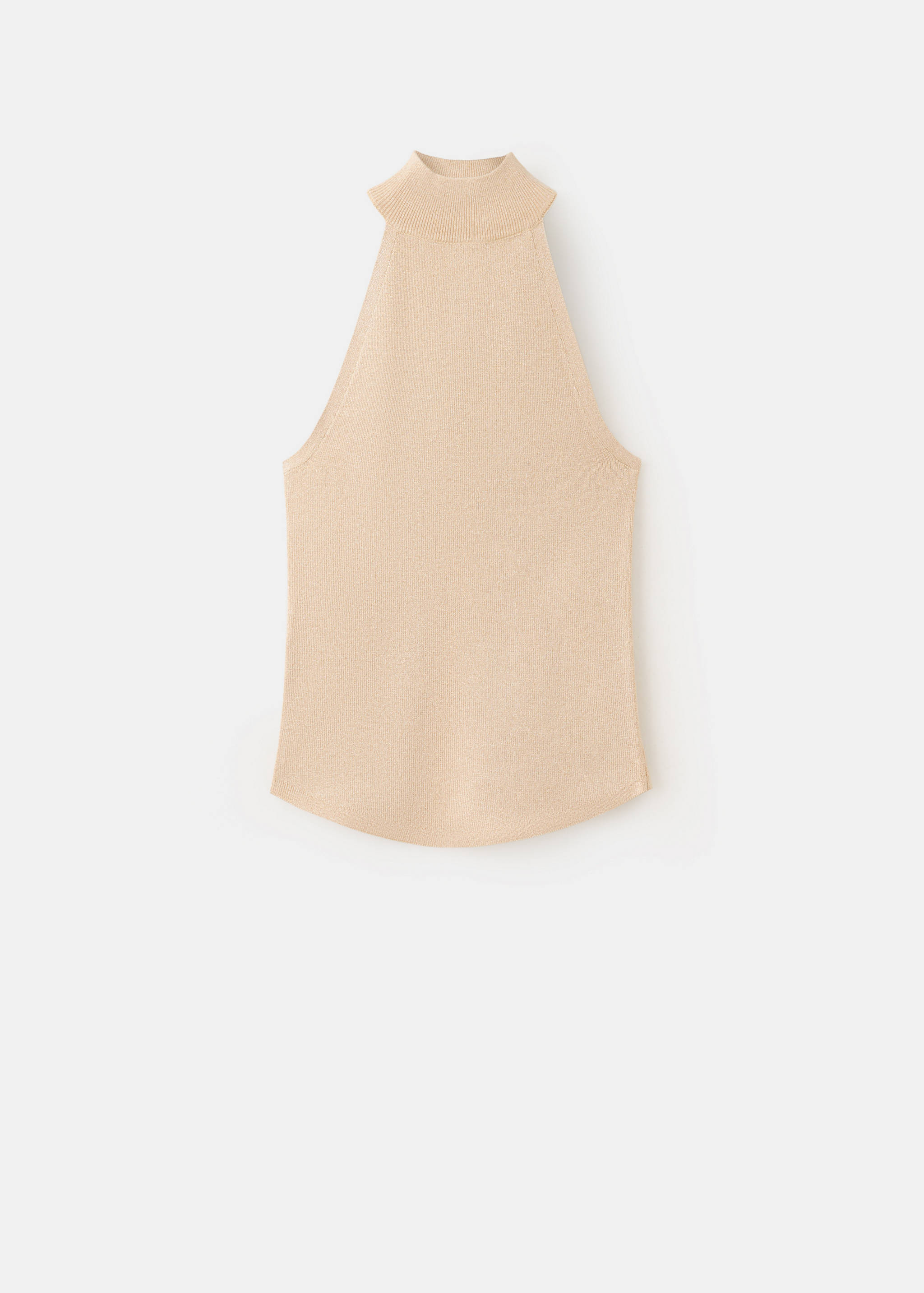 Tops de punto de cuello halter sin mangas en color beige con cuello alto de canalé.