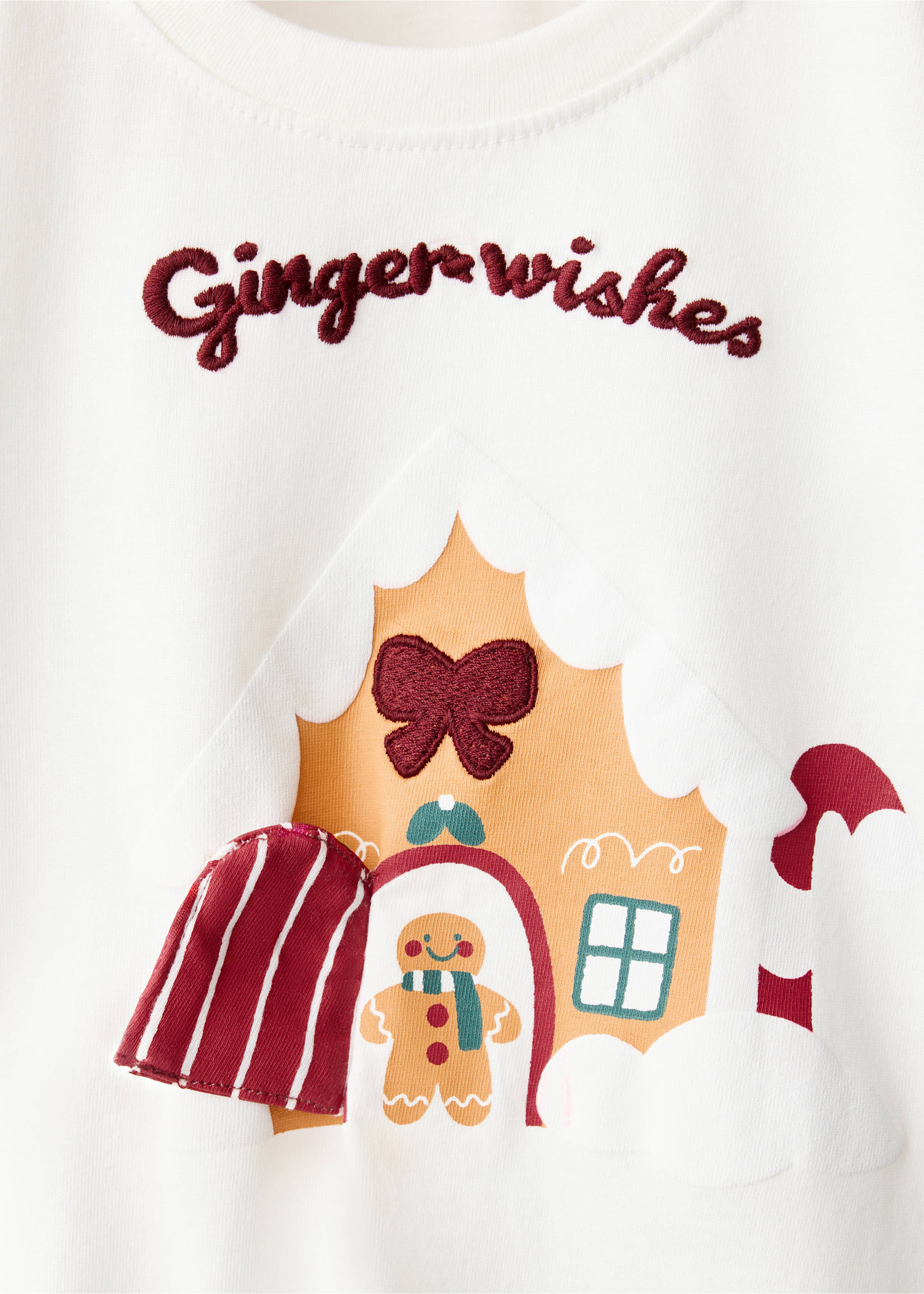 Off-white t-shirt with a gingerbread house graphic and embroidered text., Off White. Ref: 37069222-00.