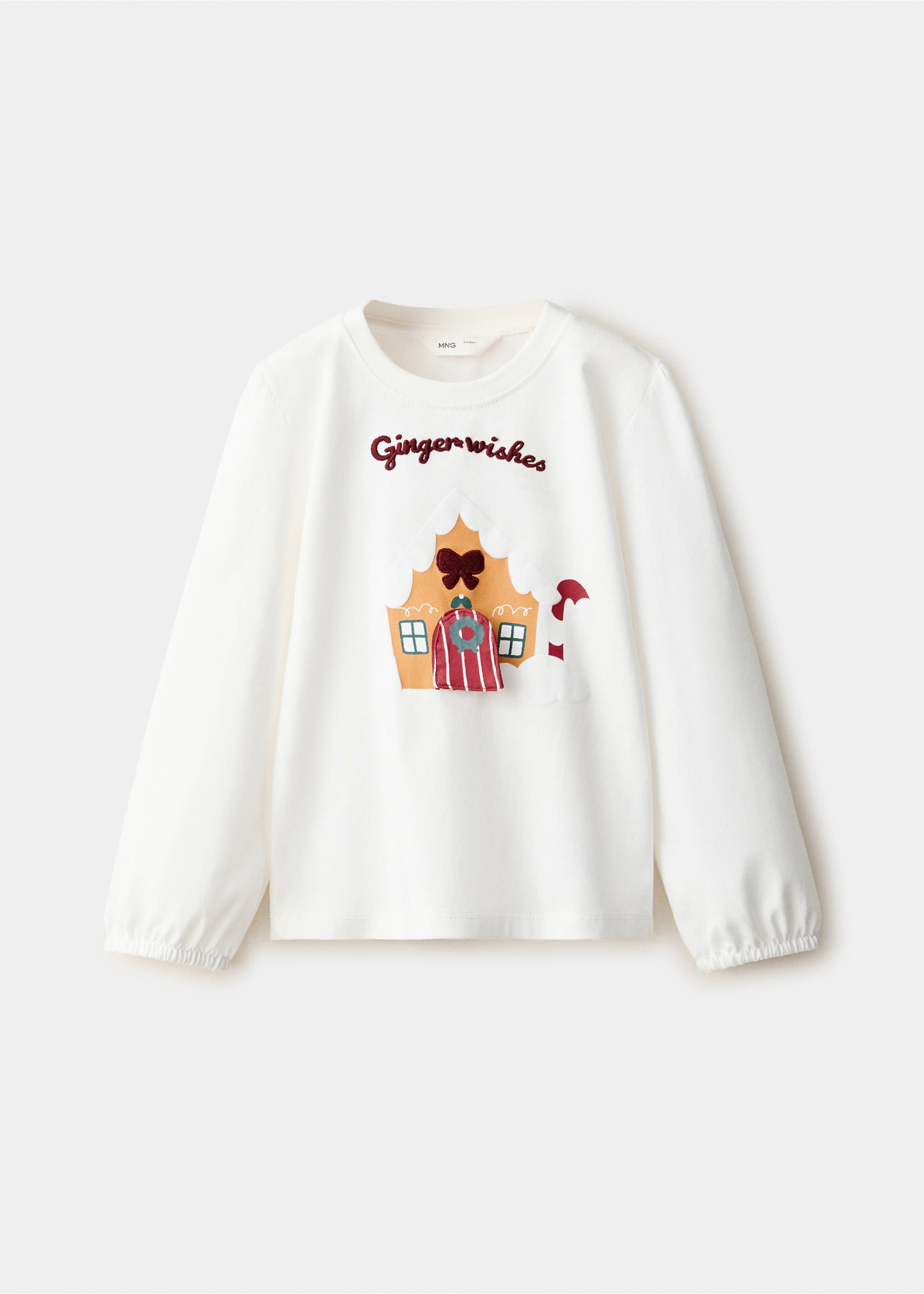 White long-sleeved kids' t-shirt with a festive gingerbread house graphic and embroidered text., Off White. Ref: 37069222-00.