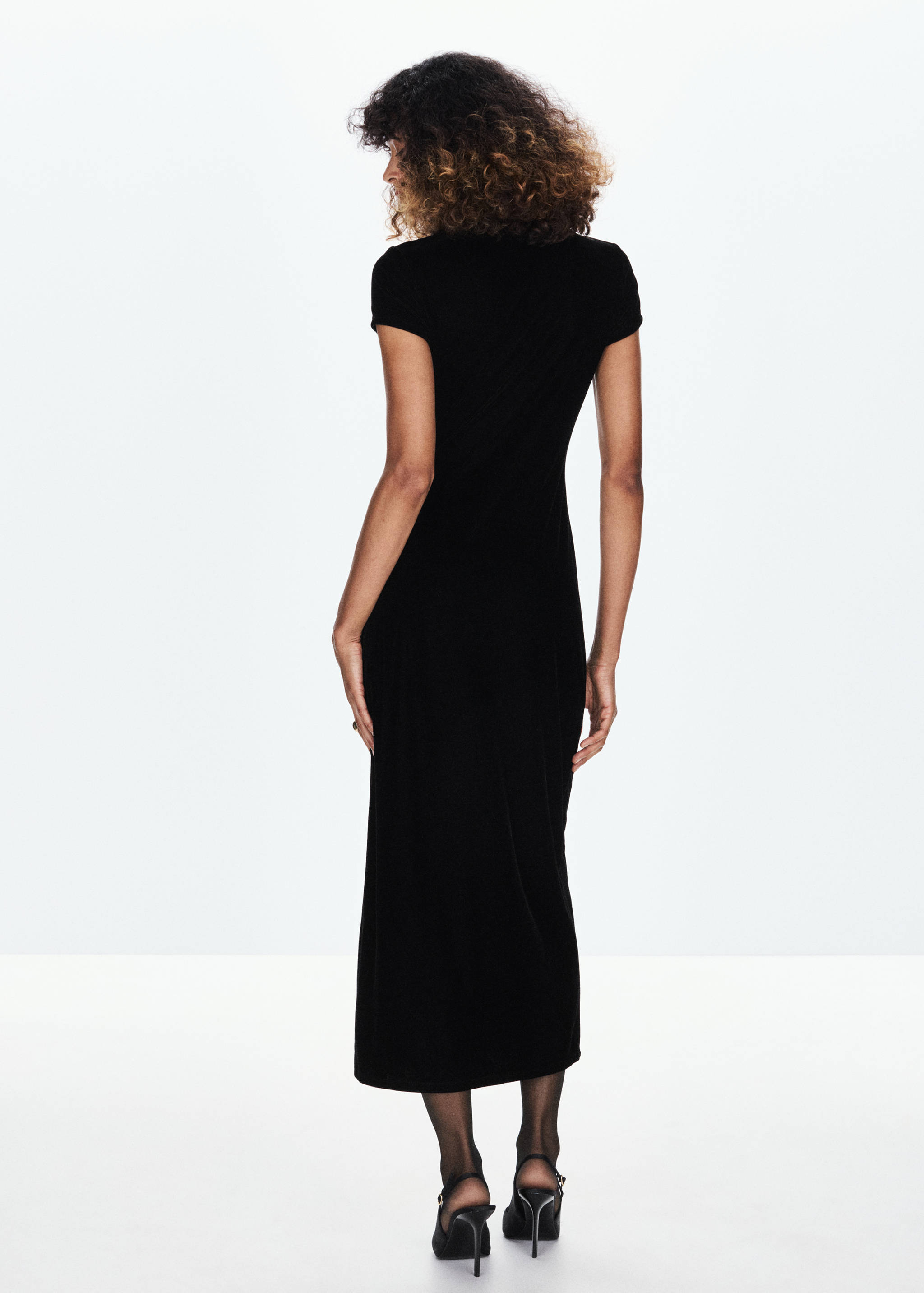 Black short-sleeved midi dress, back view
