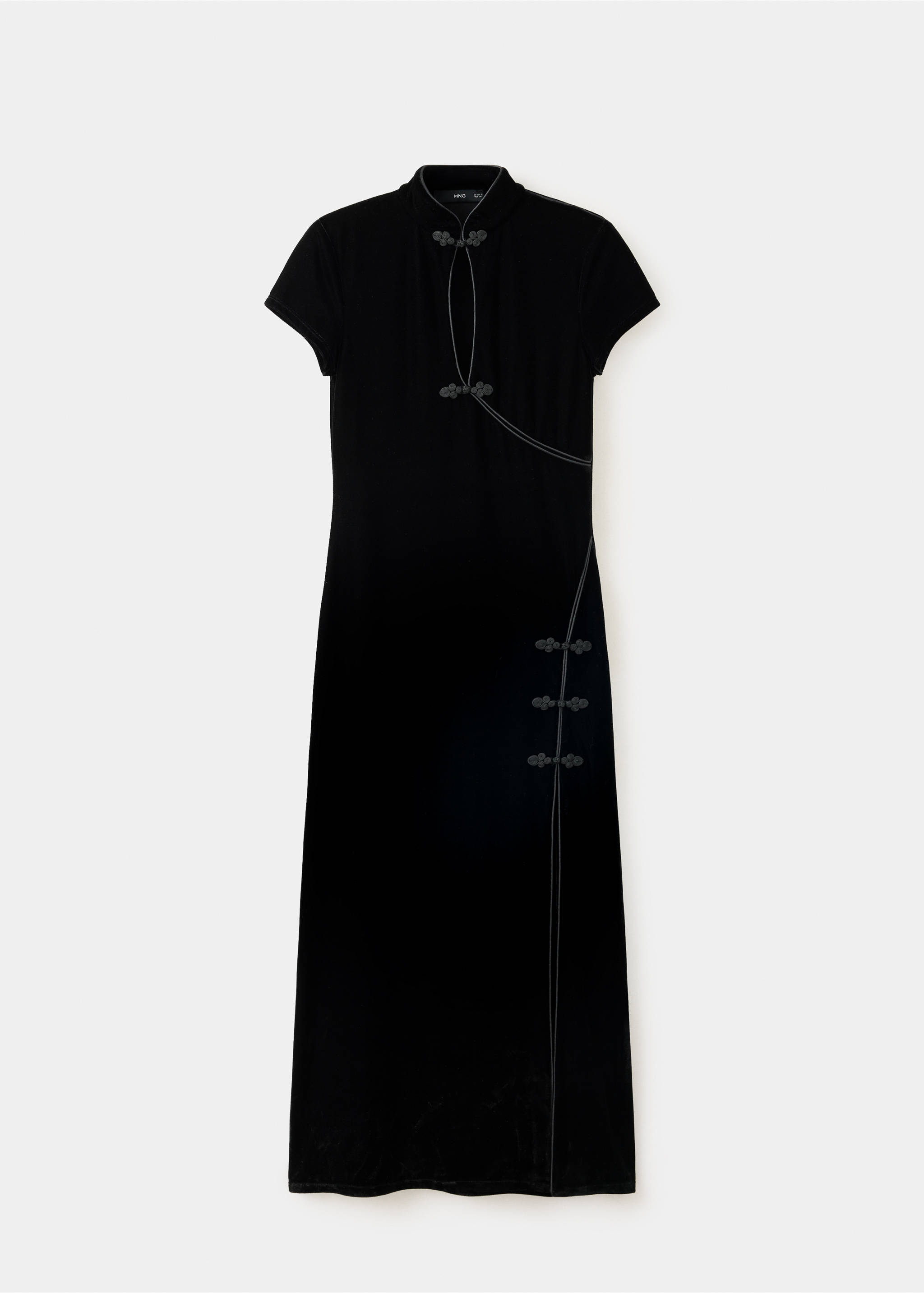 Black short-sleeved midi dress with Mandarin collar and frog closures., Black. Ref: 37069230-00.