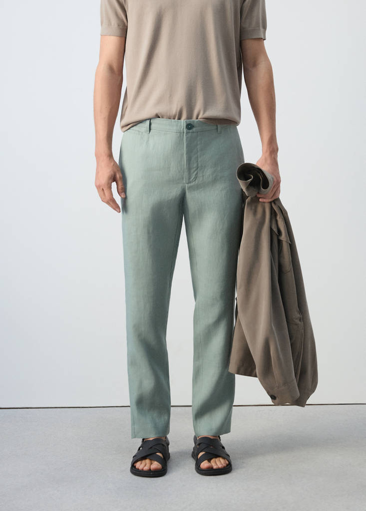 Slim-fit 100% linen trousers — Emerald Green