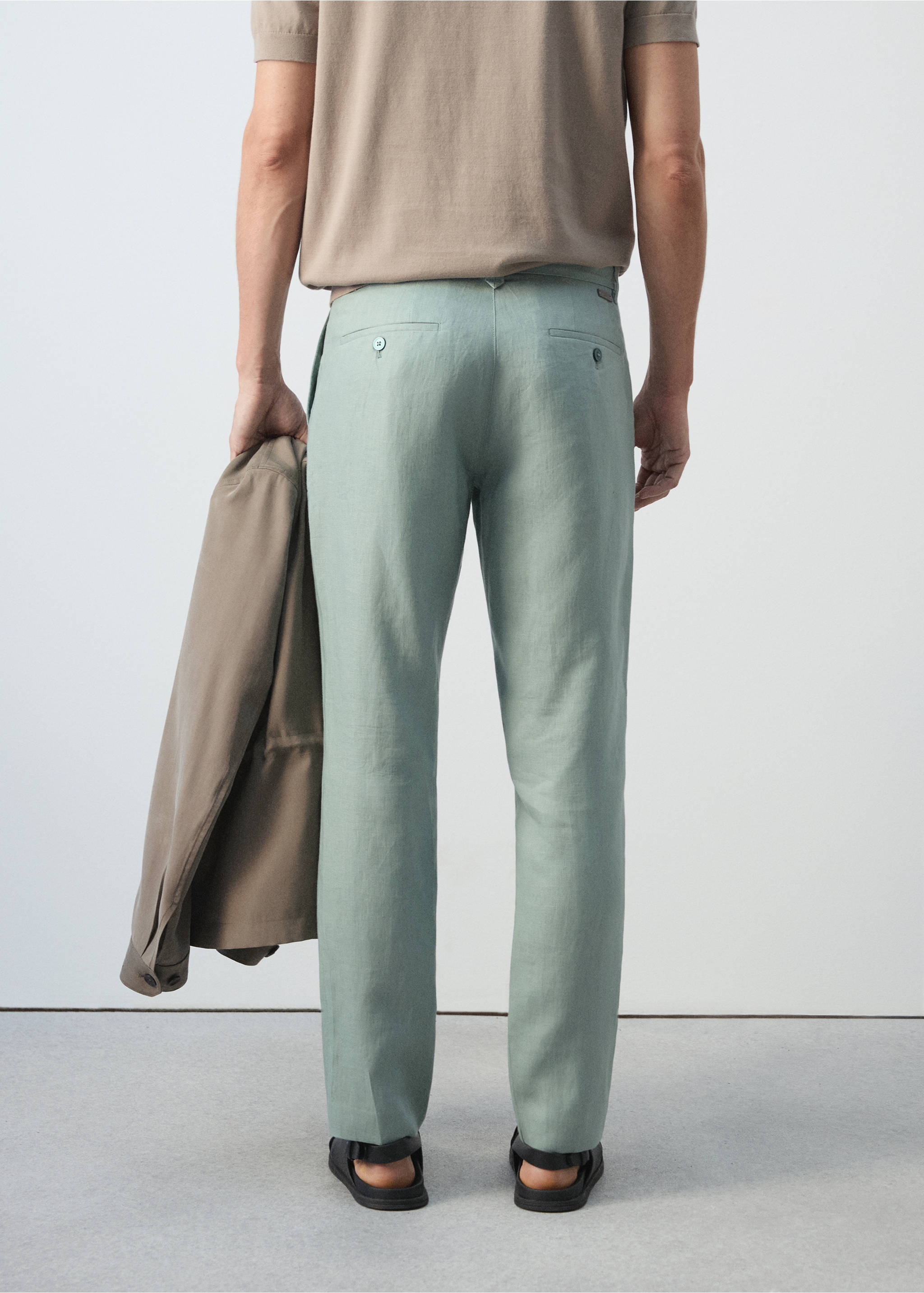 Pantalon 100 % lin slim fit - Verso de l’article, Émeraude. Ref: 37071330-00.