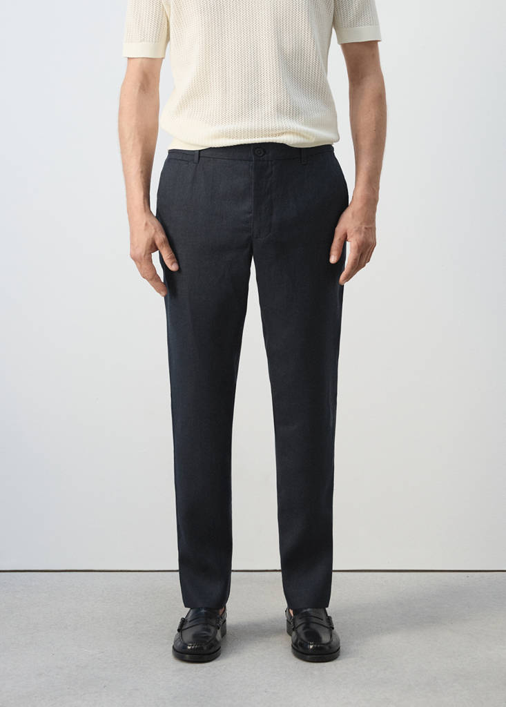 Slim-fit 100% linen trousers — Navy