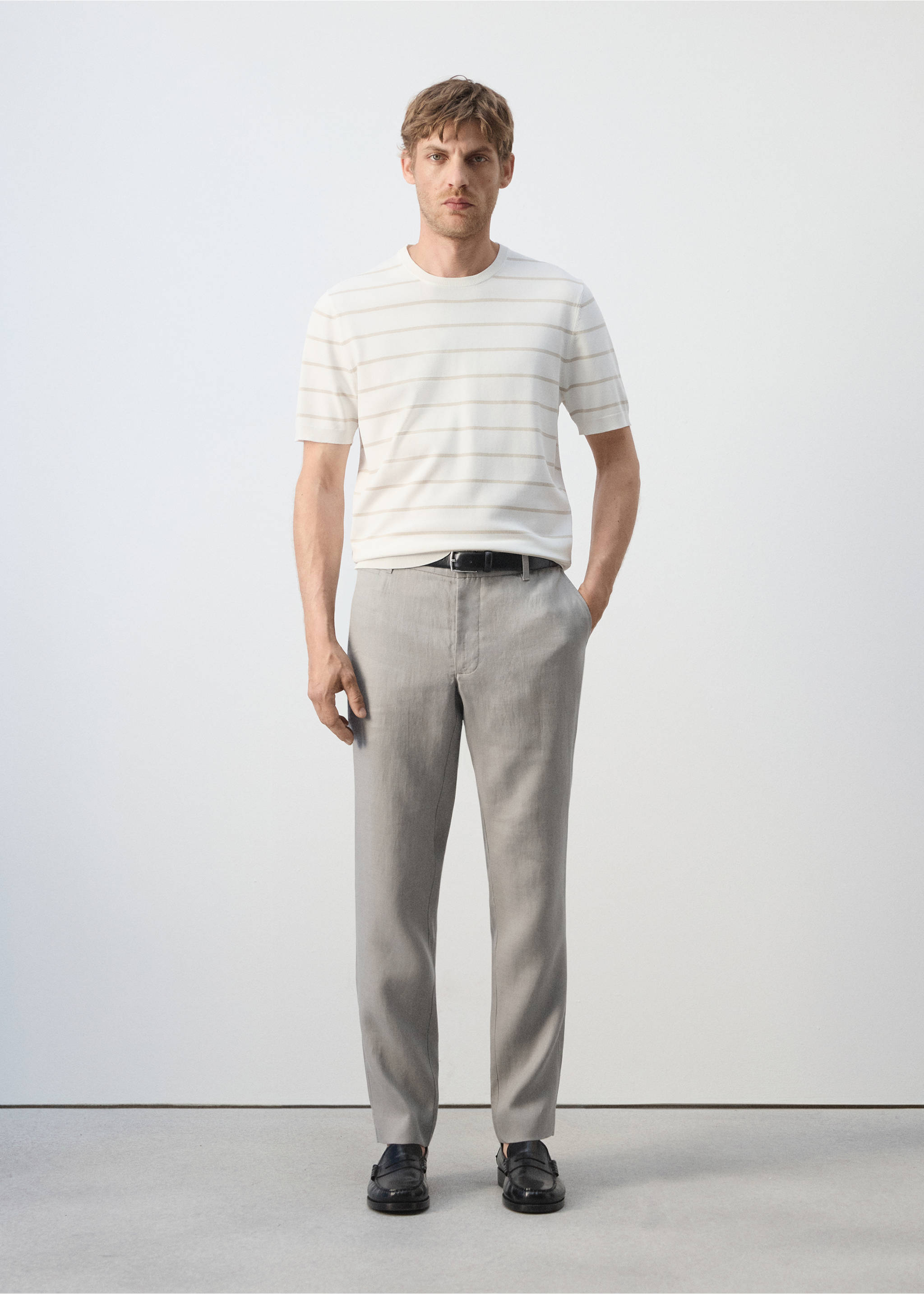 Брюки 100% лен slim fit - Общий план, Меланжевый светло-серый. Ref: 37071330-00.