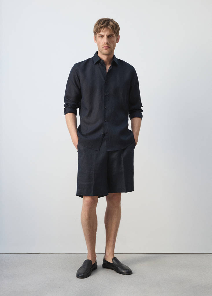 Regular fit 100% linen Bermuda shorts — Navy