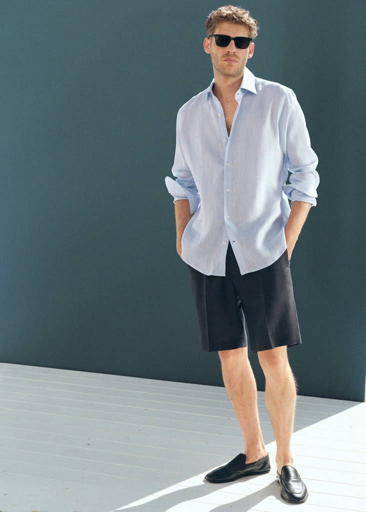 Regular fit 100% linen Bermuda shorts — Navy