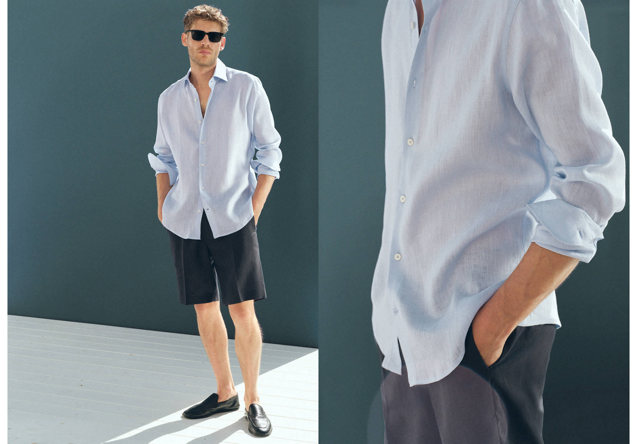 Regular-fit 100% linen Bermuda shorts - Panoramic plane