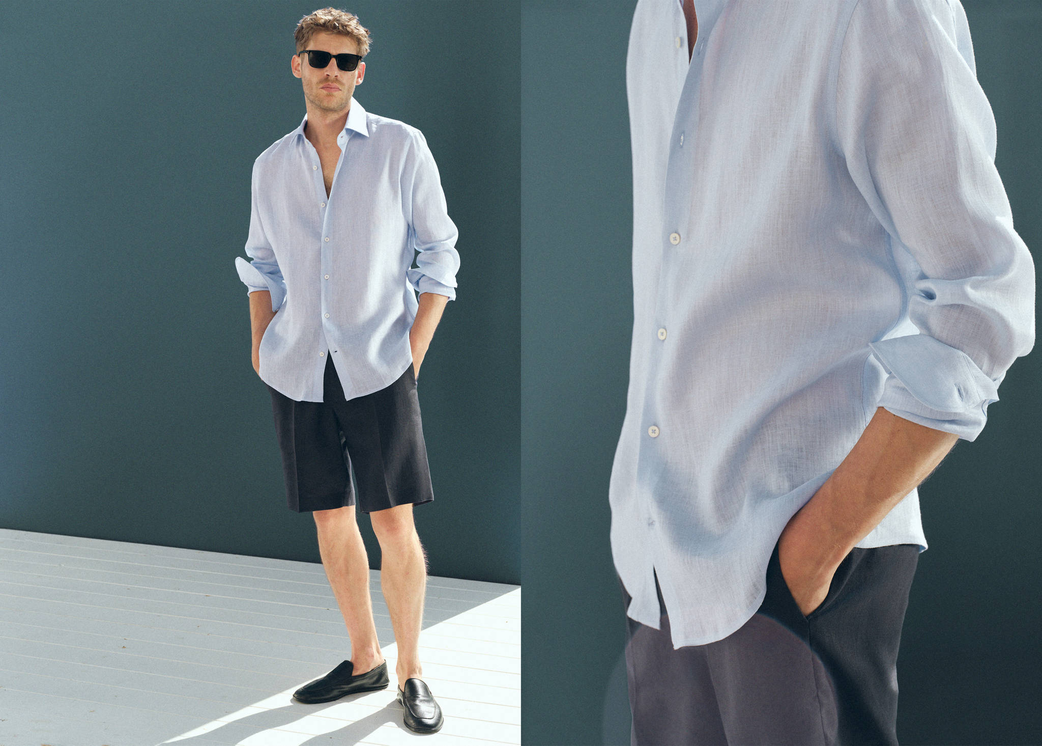 Regular fit 100% linen Bermuda shorts - Panoramic plane