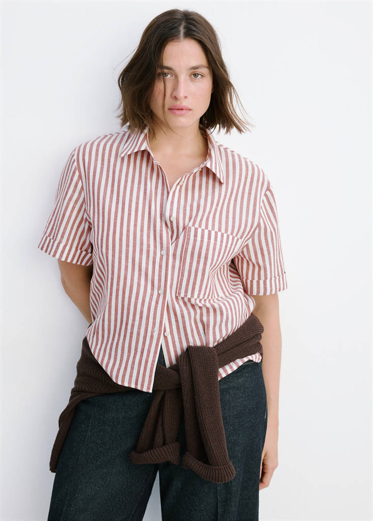 Striped cotton linen shirt — Maroon
