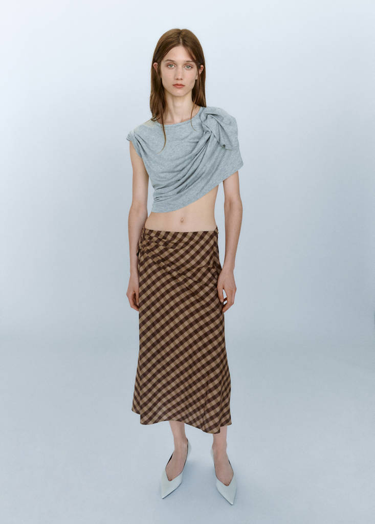 Gingham skirt with draped detail — Chocolate