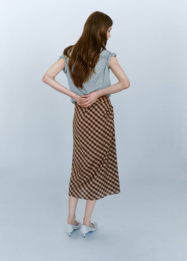 Gingham skirt with draped detail — Chocolate