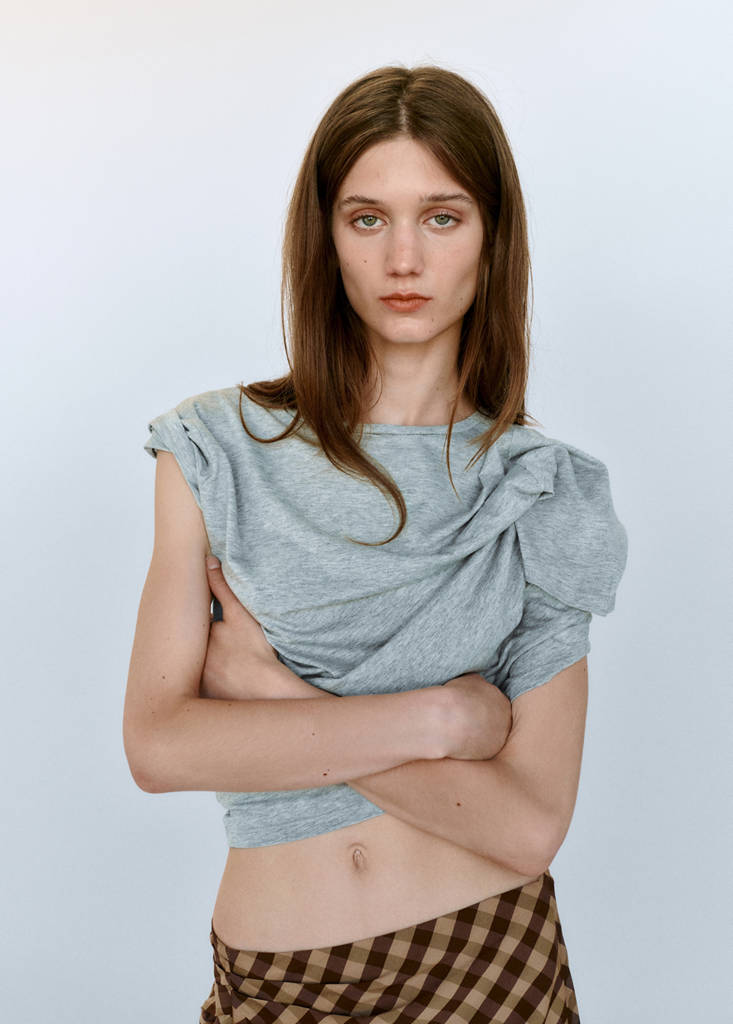 Gingham skirt with draped detail — Chocolate