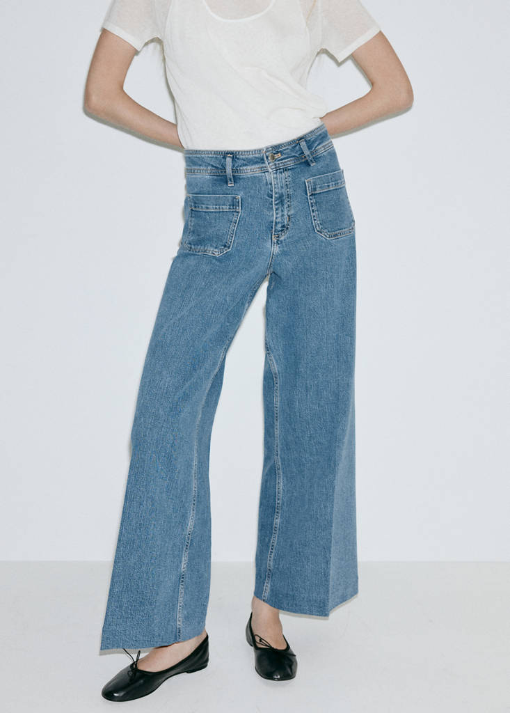 Wide-leg patch pocket jeans — Medium Blue