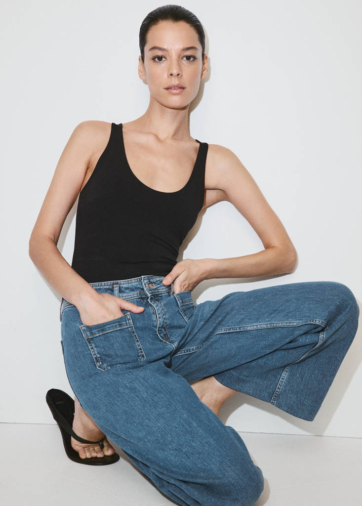 Wide-leg patch pocket jeans — Medium Blue