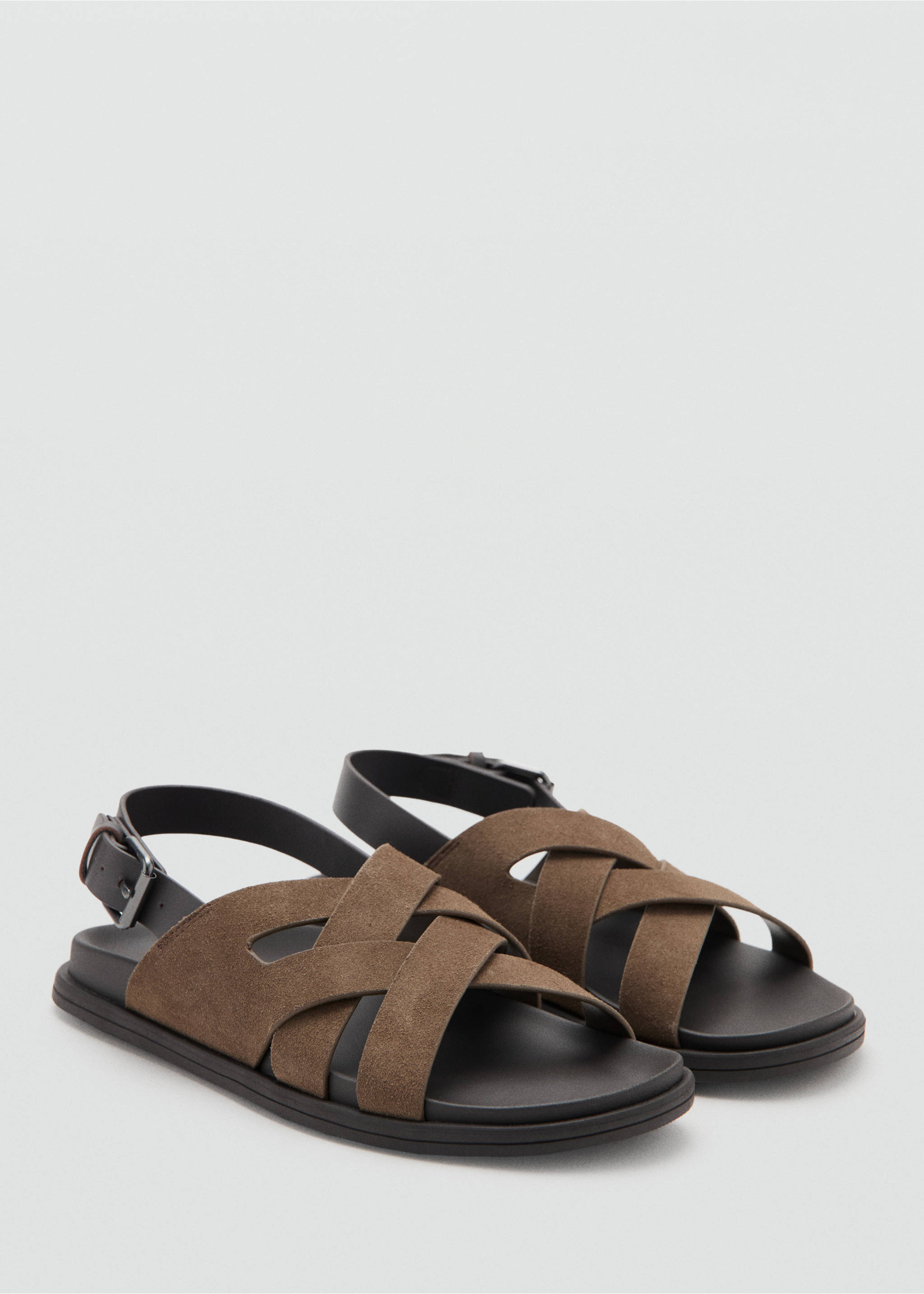 Suede leather sandals with crossed straps - Medium plane, Medium Brown. Ref: 37071369-00.