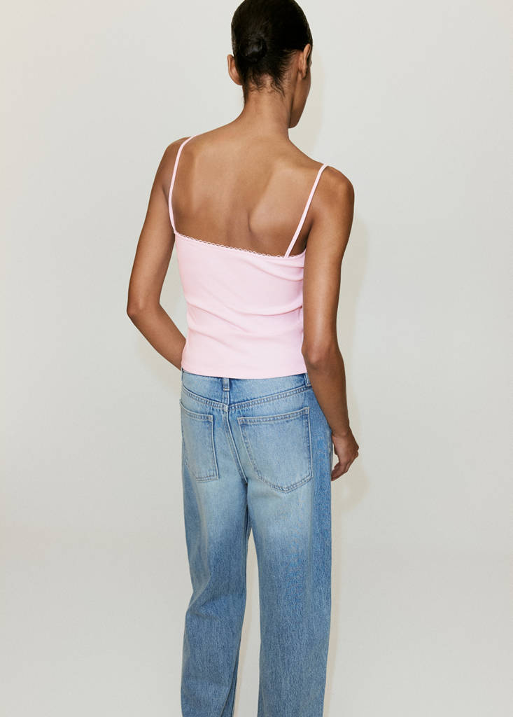 Ribbed pink embroidered top — Pastel Pink