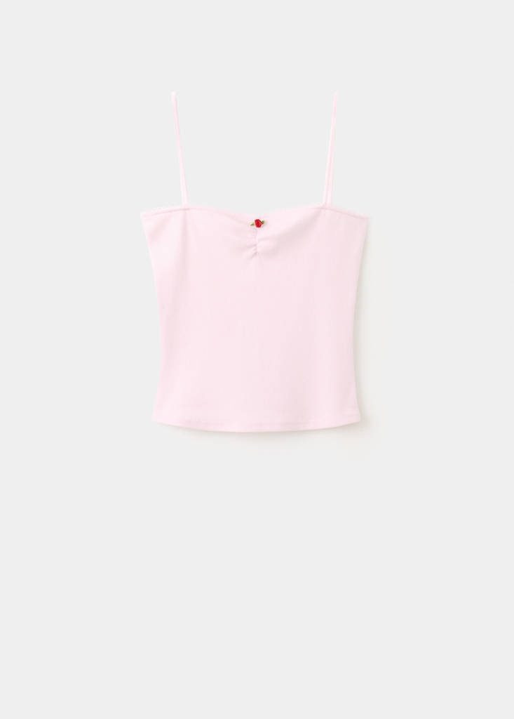 Ribbed pink embroidered top — Pastel Pink