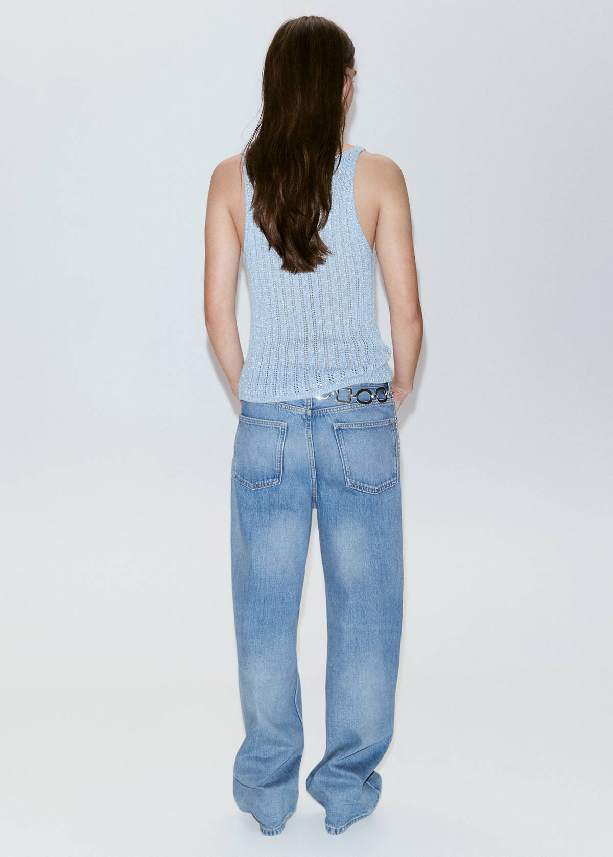 Openwork lurex knit top — Sky Blue