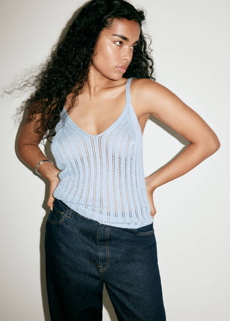 Openwork lurex knit top — Sky Blue