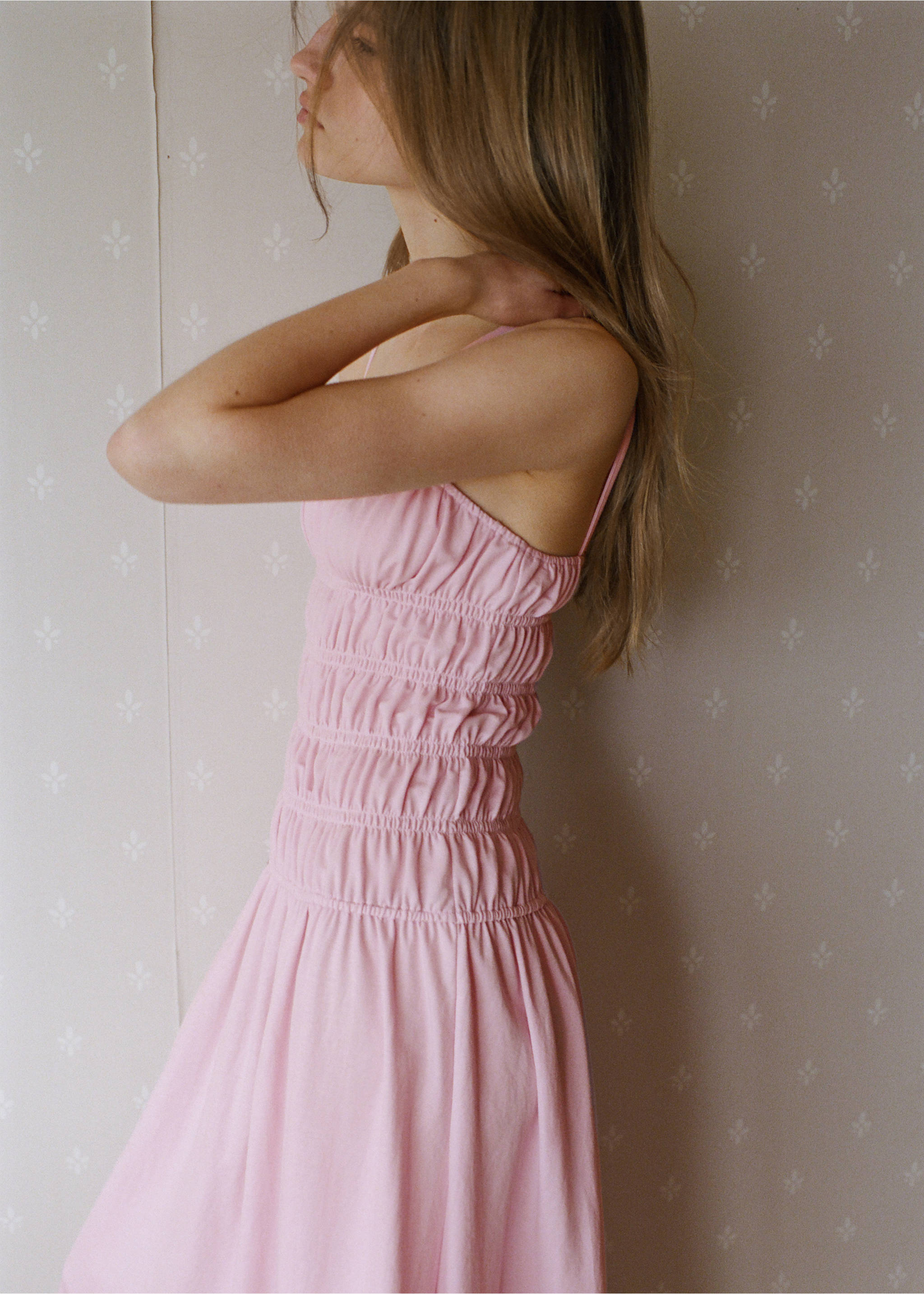 Ruched long dress - Details of the article 1, Light Pink. Ref: 37071381-00.