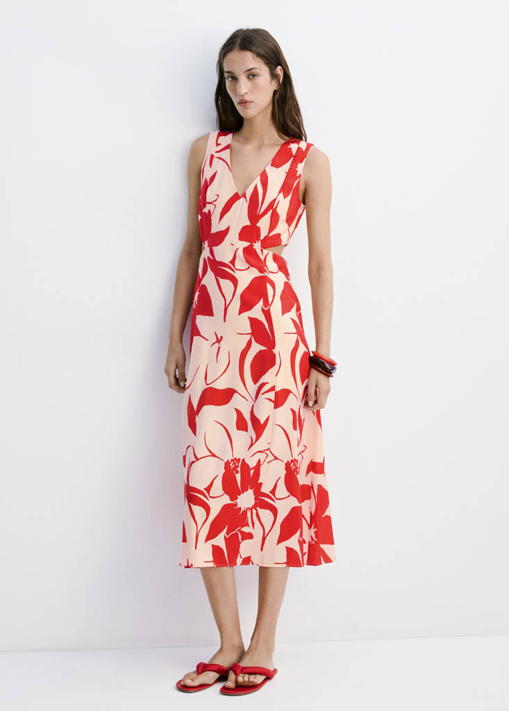 Floral print cut-out dress — Red