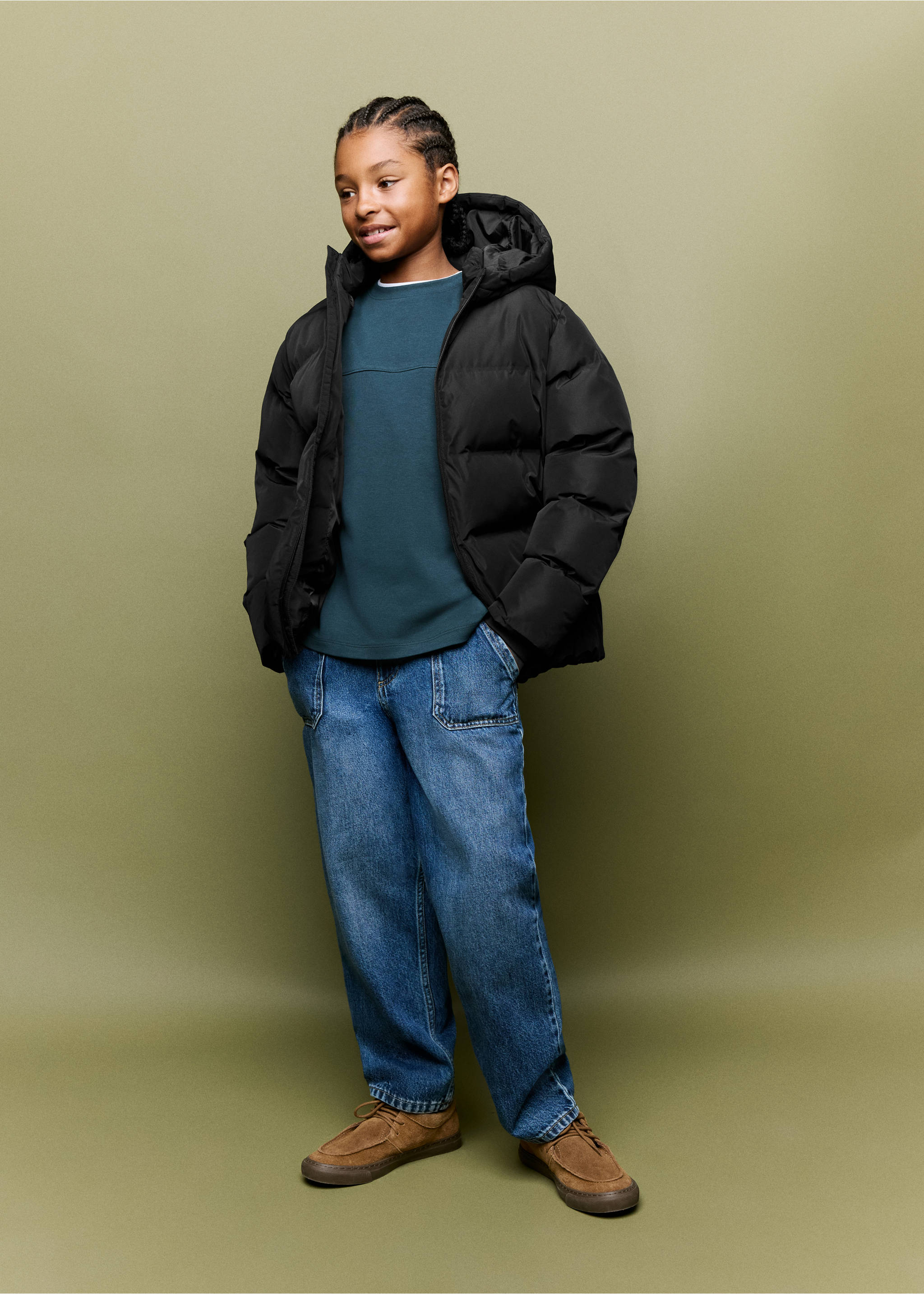 Black padded hooded anorak worn with a dark teal t-shirt and blue denim trousers., Black. Ref: 37071388-00.