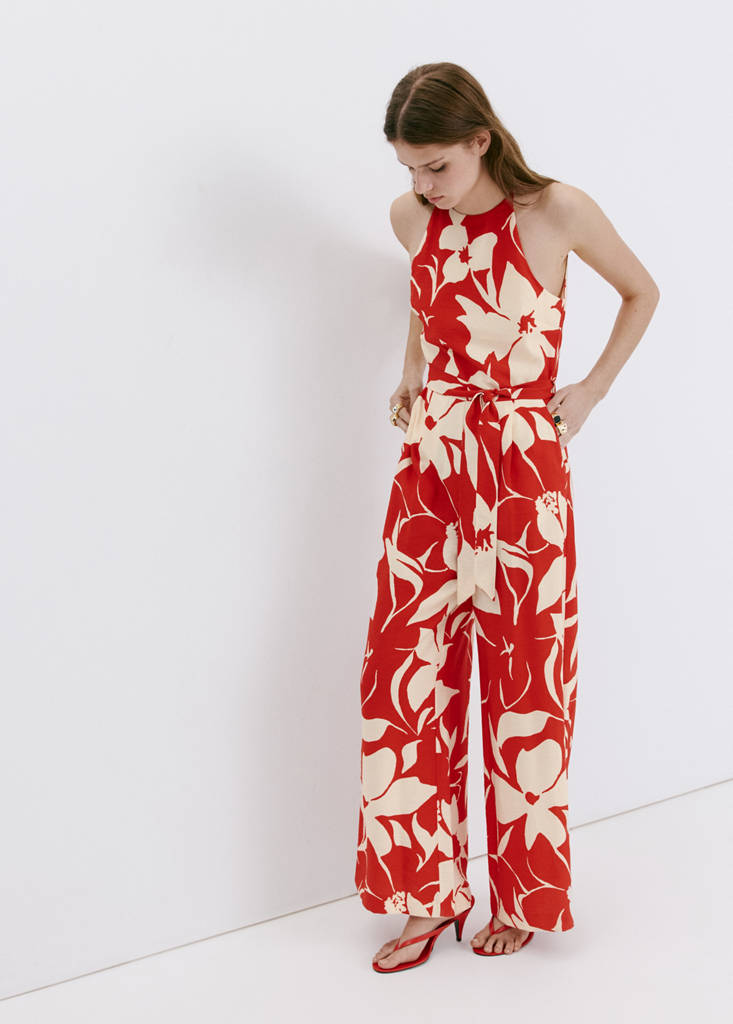Floral print jumpsuit with belt — Red