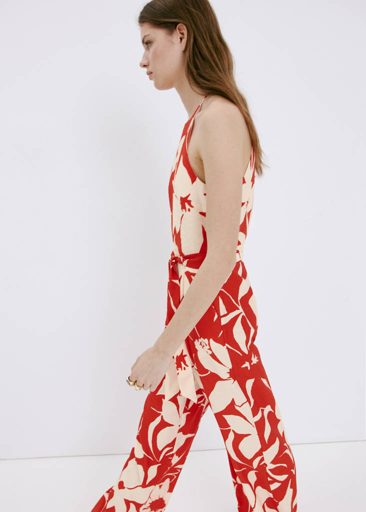 Floral print jumpsuit with belt — Red