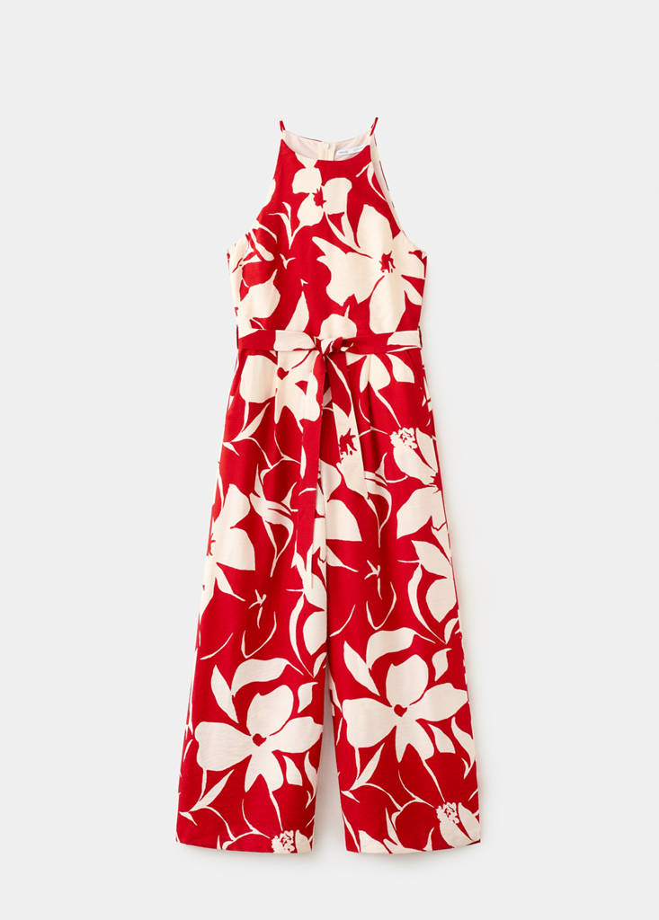 Floral print jumpsuit with belt — Red