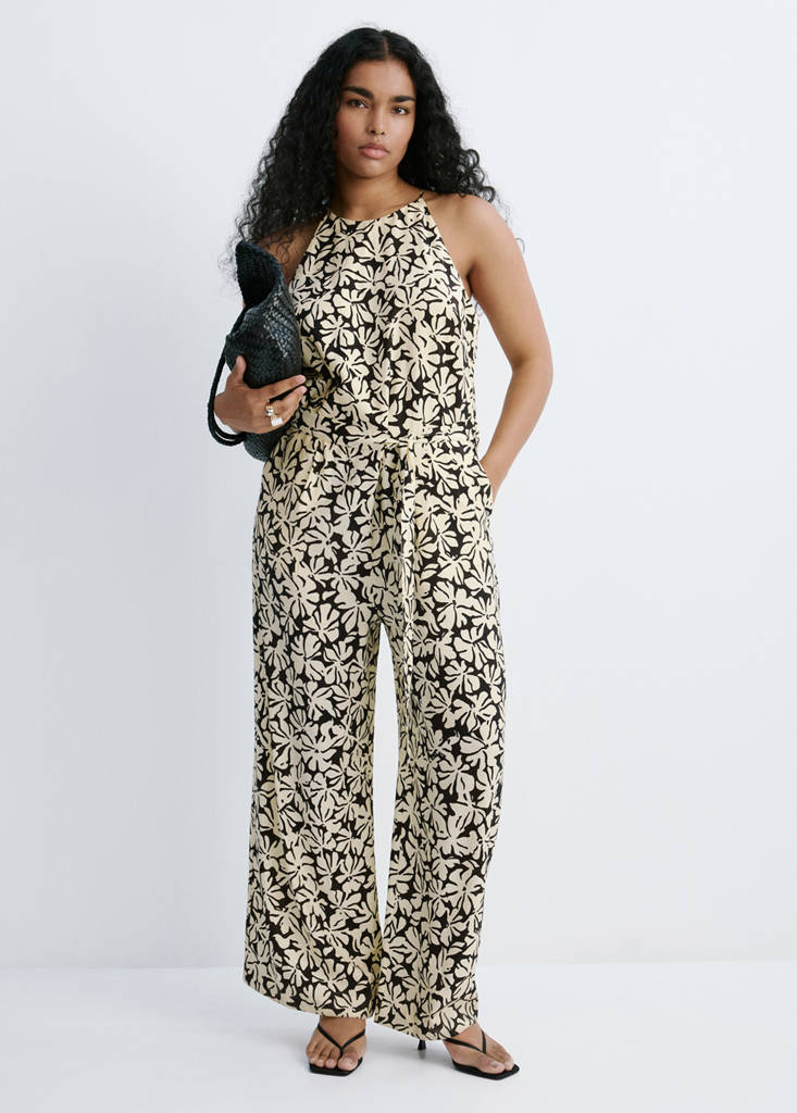 Floral print jumpsuit with belt — Black