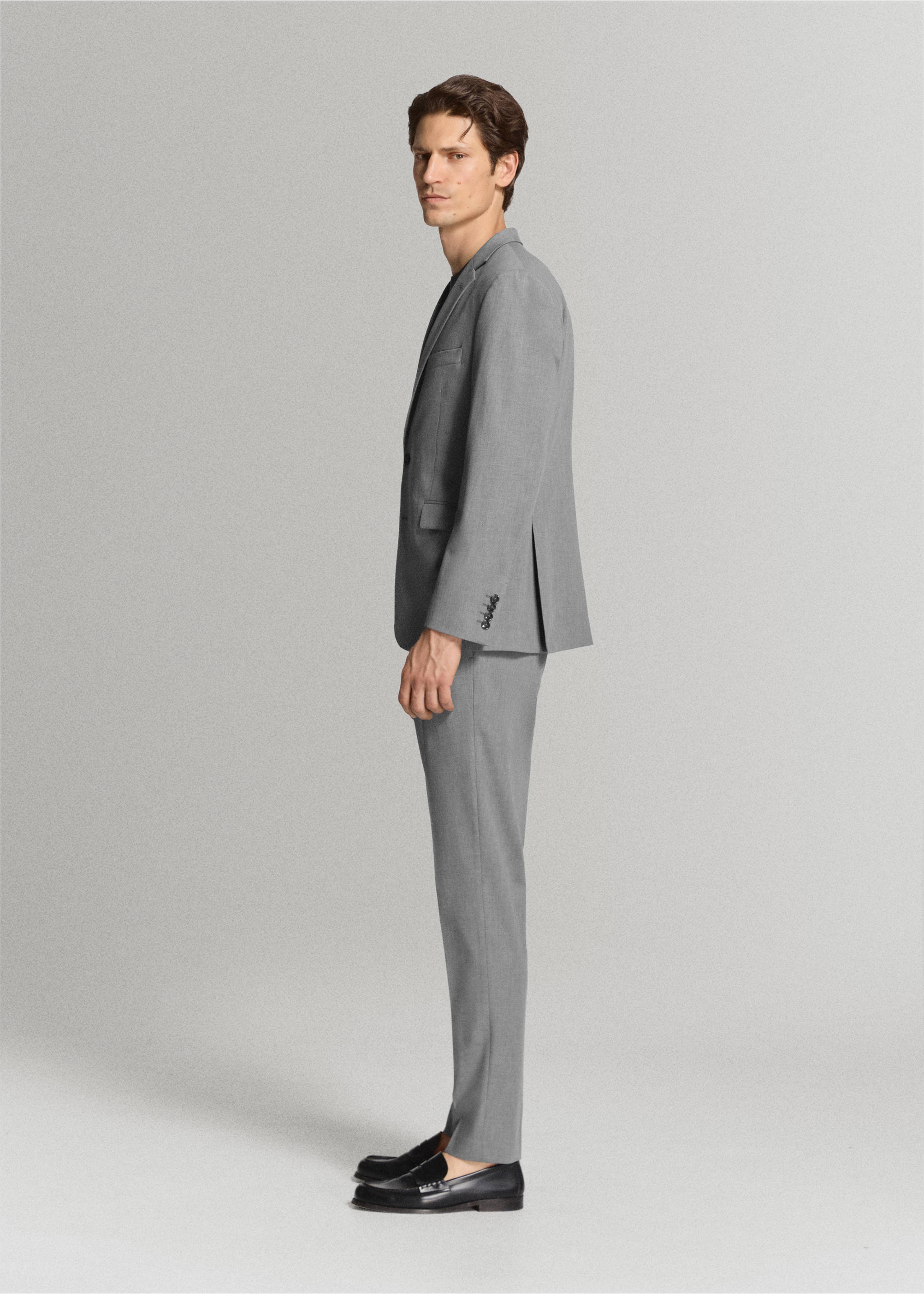 Grey slim-fit trousers, worn as part of a matching suit with a blazer., Grey. Ref: 37071414-02.